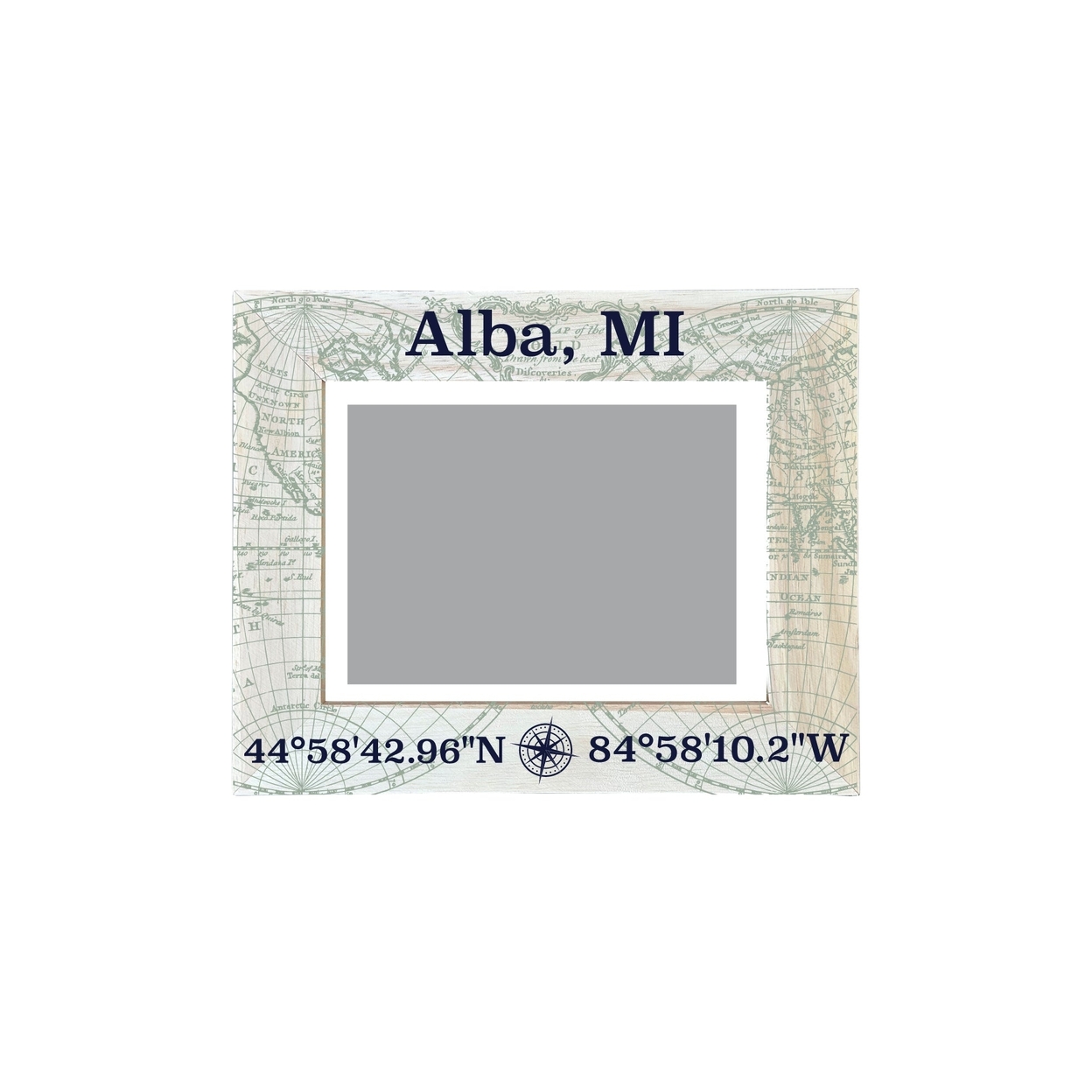 Alba Michigan Souvenir Wooden Photo Frame Compass Coordinates Design Matted To 4 X 6