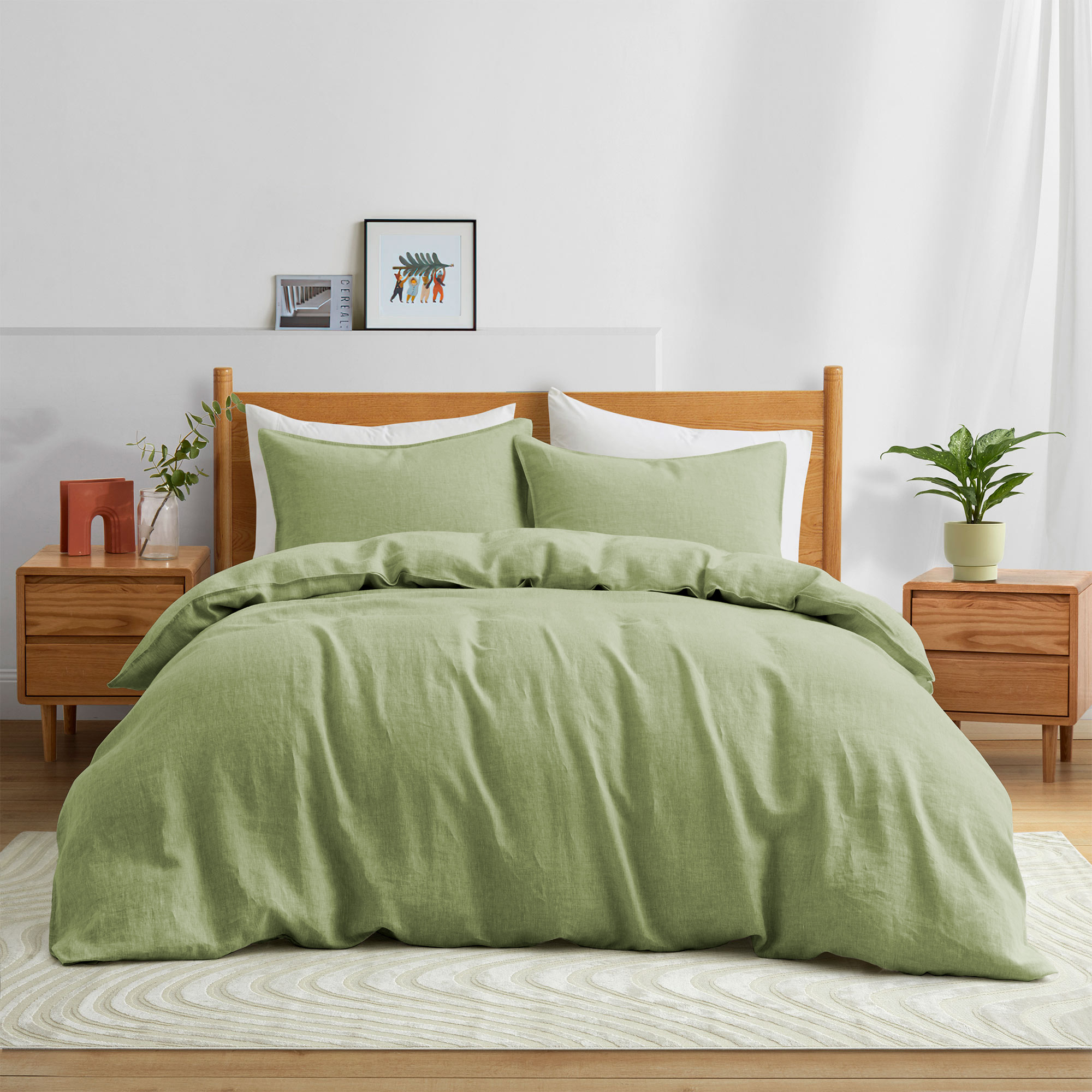 Premium Flax Linen Duvet Cover Set With Pillowcases Moisture Wicking And Breathable - Verdant Green, King