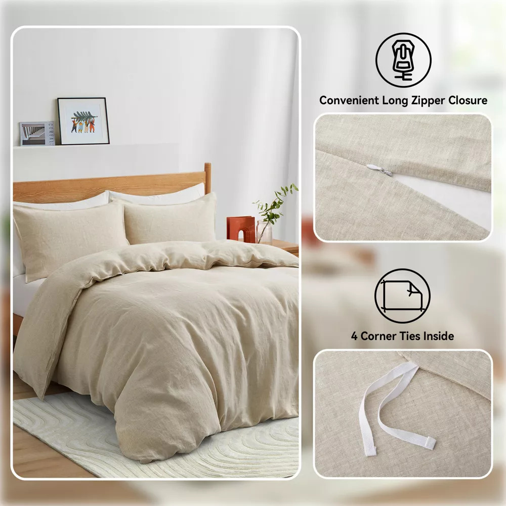 Premium Flax Linen Duvet Cover Set With Pillowcases Moisture Wicking And Breathable - Lunar Green, Full/Queen