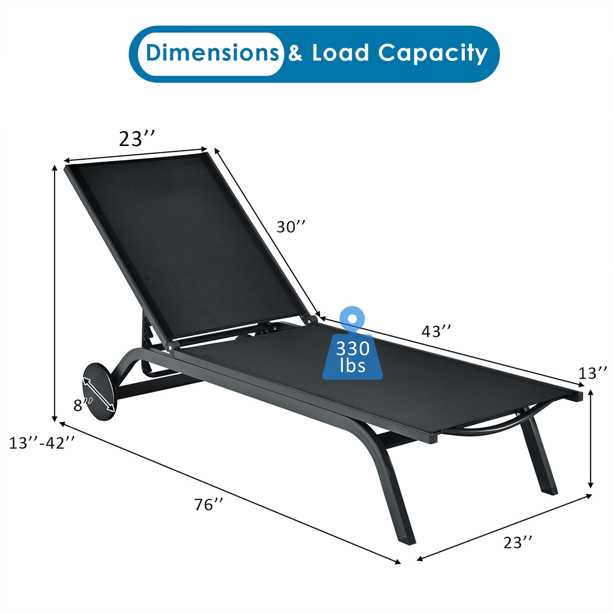 Patio Chaise Lounge Chair Aluminum Adjustable Recliner W/ Wheels Black
