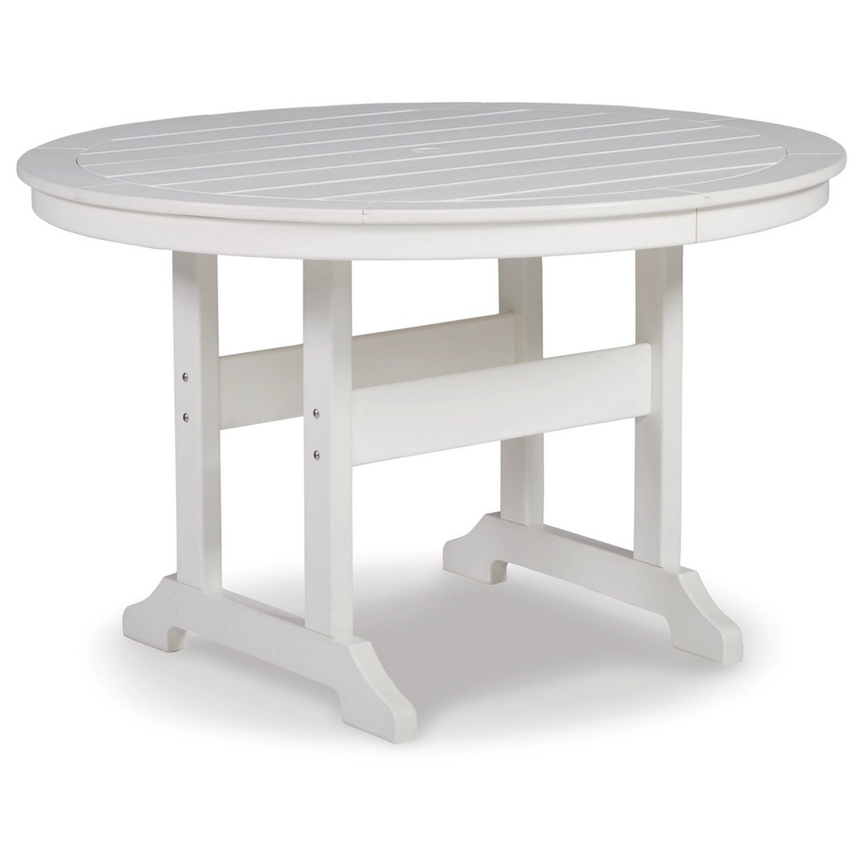 48 Inch Round Dining Table With Trestle Legs, Umbrella Hole, White Finish- Saltoro Sherpi