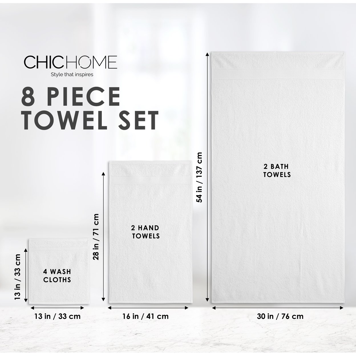 Chic Home Premium 8-Piece 100% Pure Turkish Cotton Towel Set, Woven Dobby Border Design, OEKO-TEX Standard 100 Certified - Charcoal