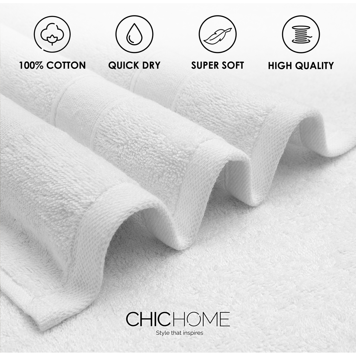 Chic Home Premium 8-Piece 100% Pure Turkish Cotton Towel Set, Woven Dobby Border Design, OEKO-TEX Standard 100 Certified - White