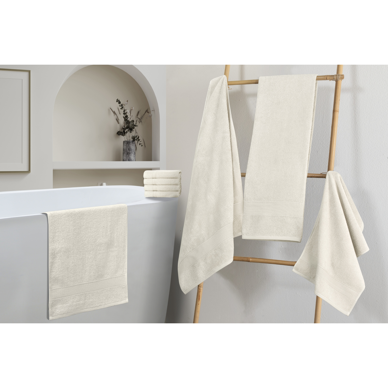 Chic Home Premium 8-Piece 100% Pure Turkish Cotton Towel Set, Woven Dobby Border Design, OEKO-TEX Standard 100 Certified - Beige