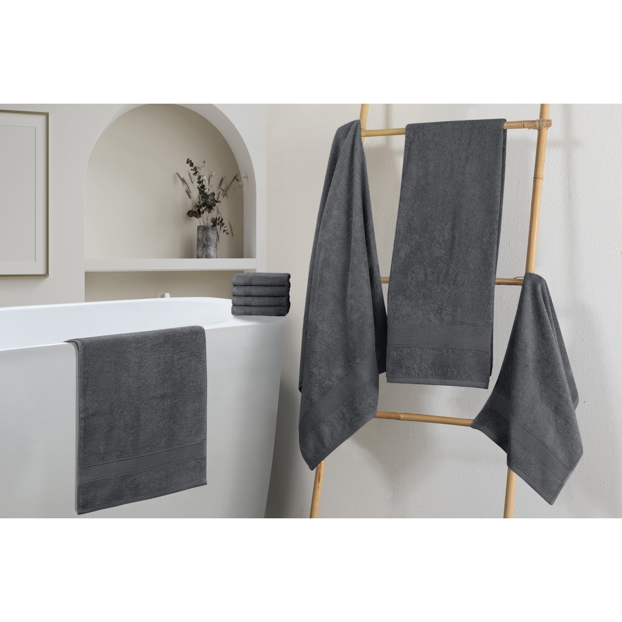 Chic Home Premium 8-Piece 100% Pure Turkish Cotton Towel Set, Woven Dobby Border Design, OEKO-TEX Standard 100 Certified - Charcoal