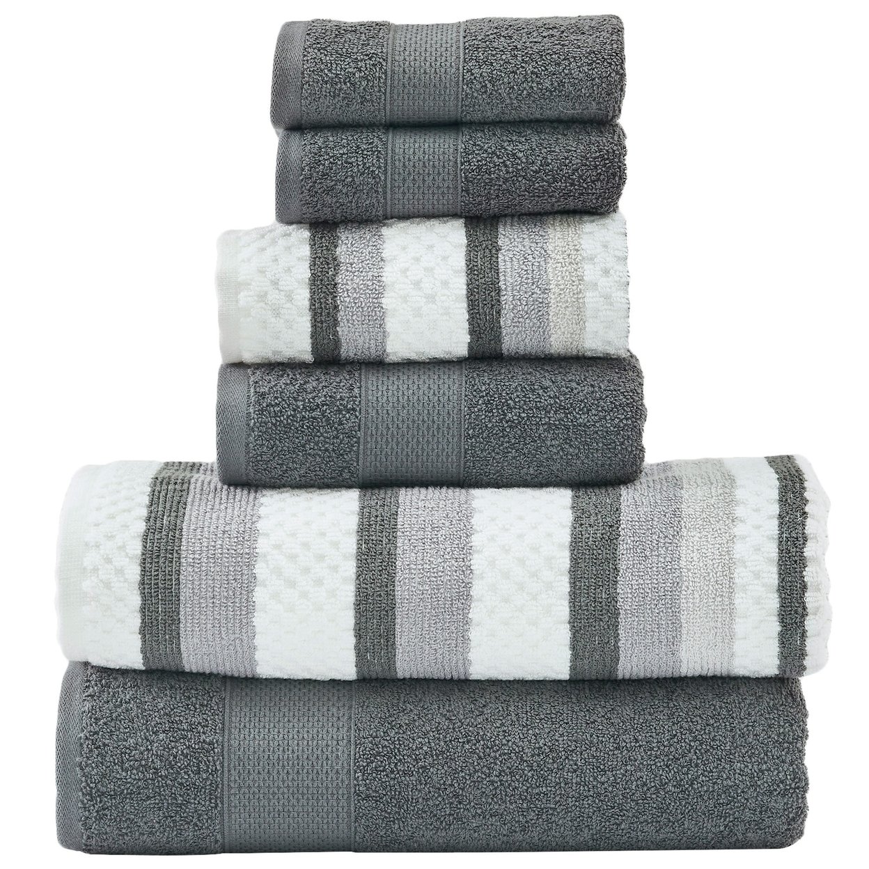 Nyx 6pc Soft Cotton Towel Set, Striped, White, Dark Gray By The Urban Port- Saltoro Sherpi