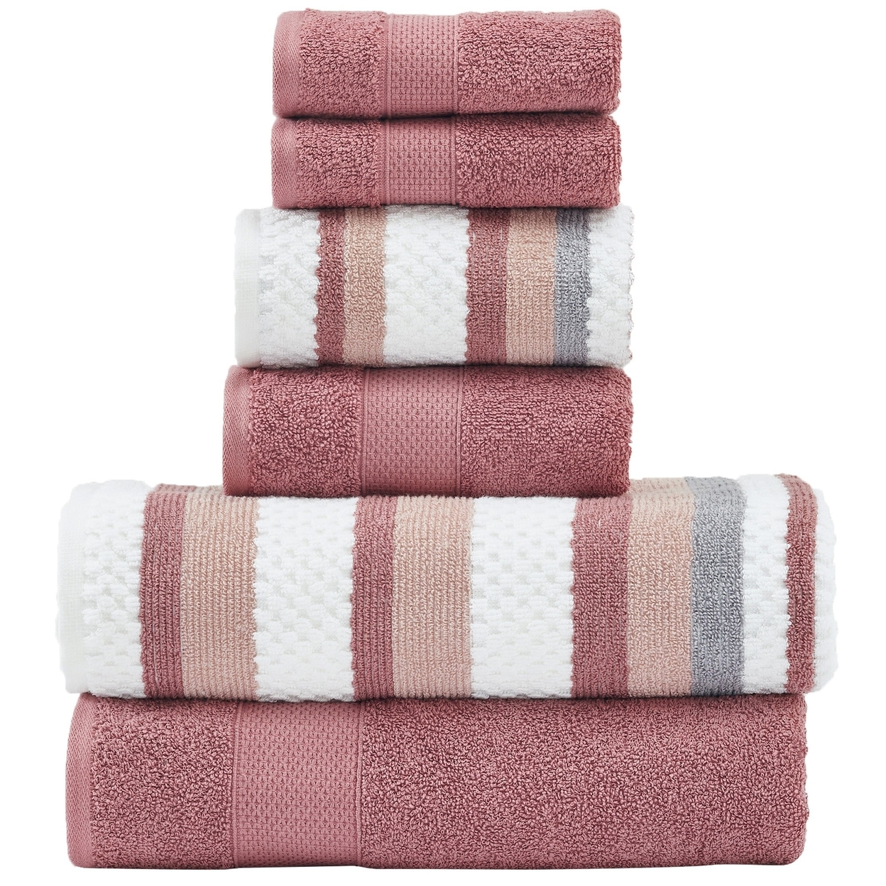 Nyx 6pc Soft Cotton Towel Set, Striped, White, Pink By The Urban Port- Saltoro Sherpi