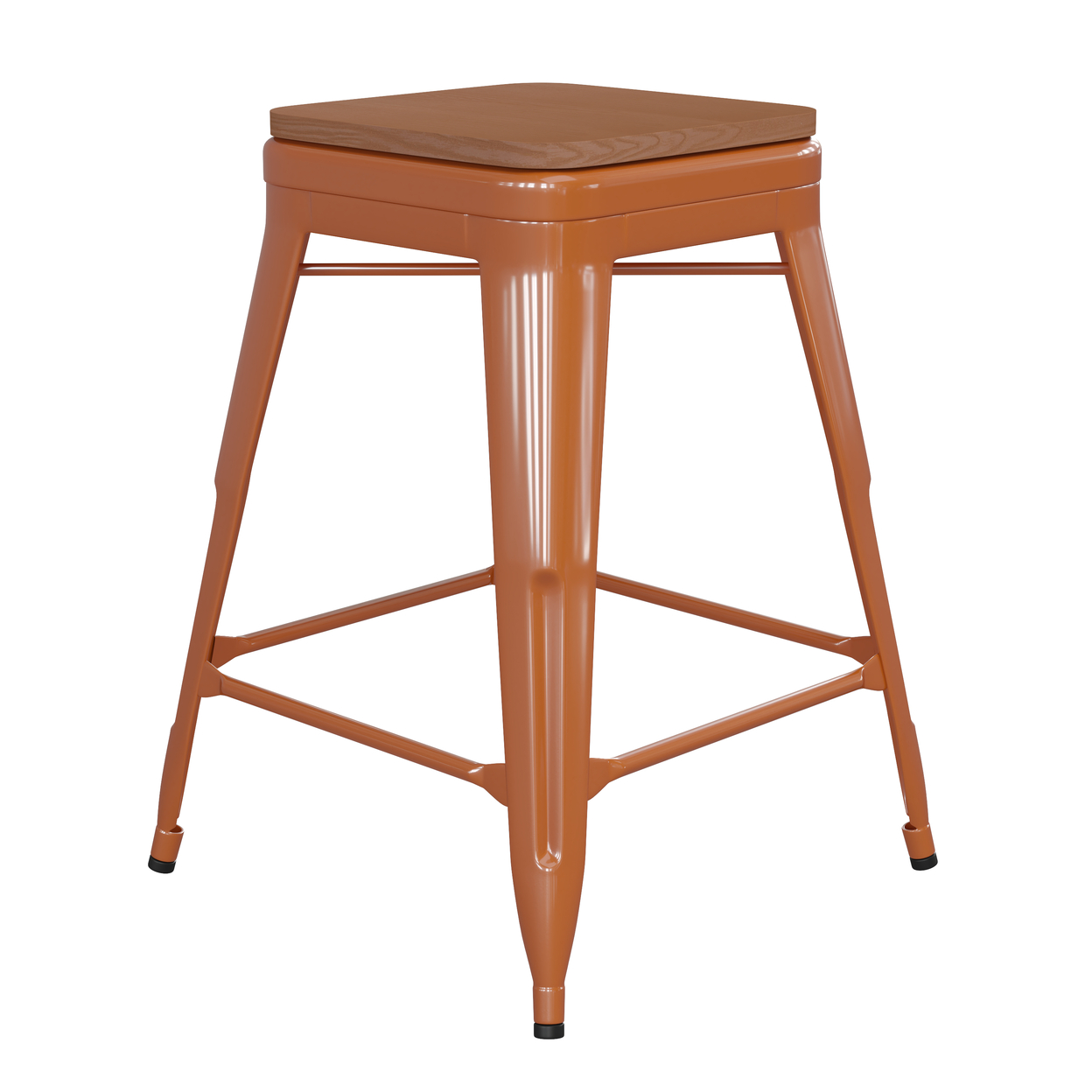 24 Inch Metal Stool, Teak Brown Wood Seat, Rust Orange