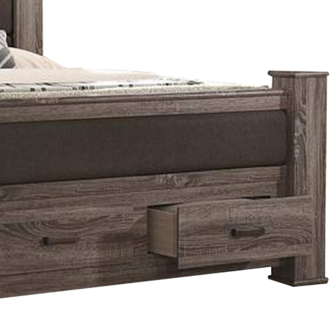 Fort Wood California King Bed With 2 Drawers, Upholstered Panel, Oak Gray- Saltoro Sherpi