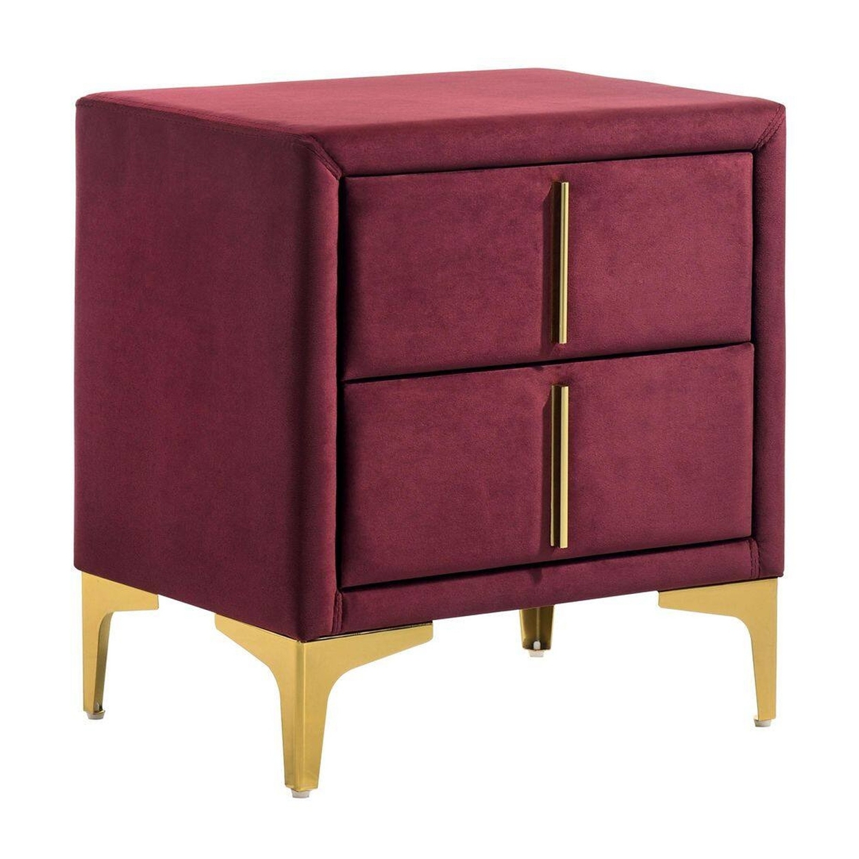 Bios 24 Inch Nightstand, 2 Drawers, Red Vegan Faux Leather, Gold Accents- Saltoro Sherpi