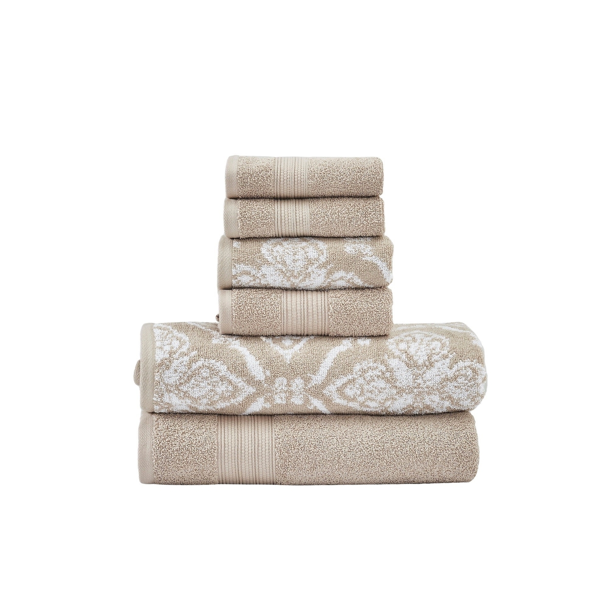 Naja 6pc Cotton Towel Set, Jacquard Pattern, White, Beige By The Urban Port- Saltoro Sherpi