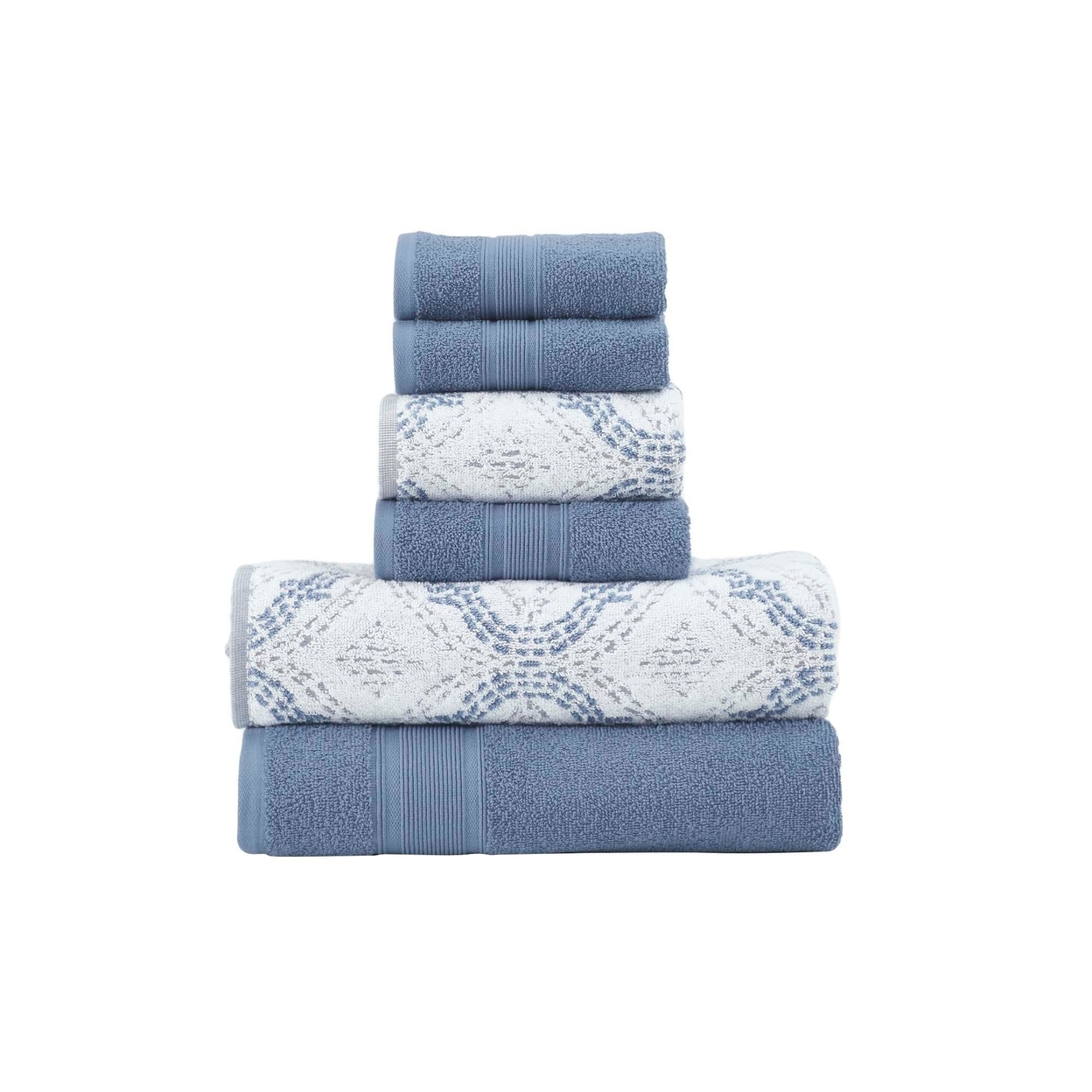 Oya 6pc Cotton Towel Set, Quatrefoil, White, Blue By The Urban Port- Saltoro Sherpi