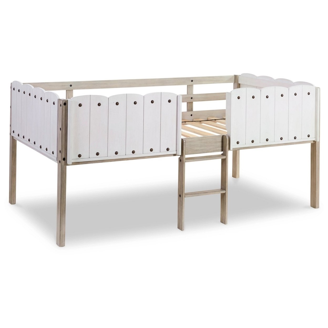 Twin Size Loft Bed Frame With Wood Ladder, Wood Grain, Side Rails, White- Saltoro Sherpi