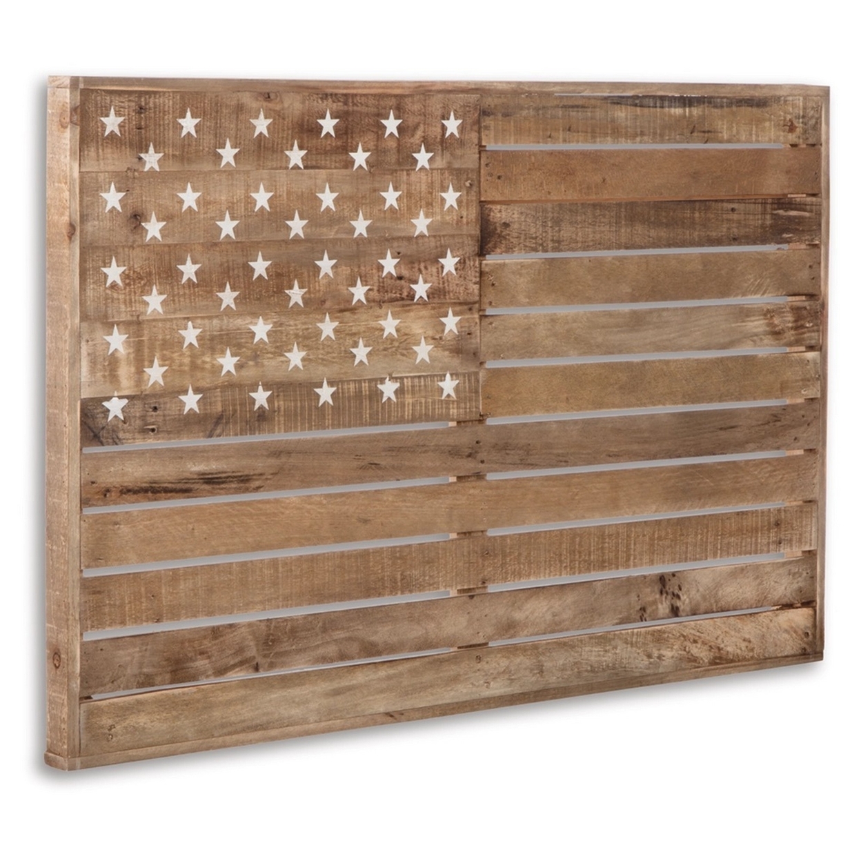 45 Inch Wood American Flag Wall Decor, D-Ring Hanging Bracket, Light Brown- Saltoro Sherpi
