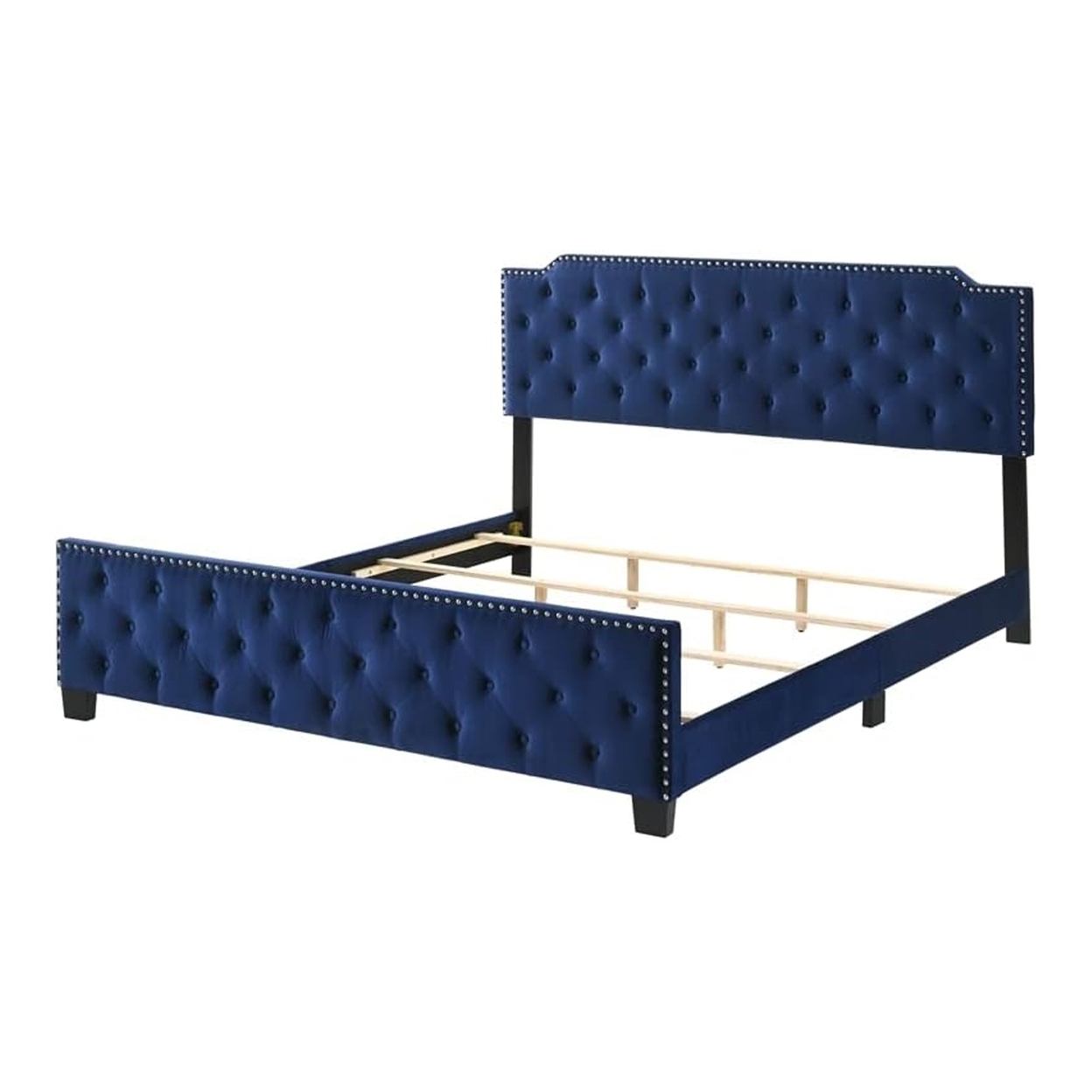 Agapi King Size Bed, Button Tufted, Nailhead Trim, Blue Fabric Upholstery- Saltoro Sherpi