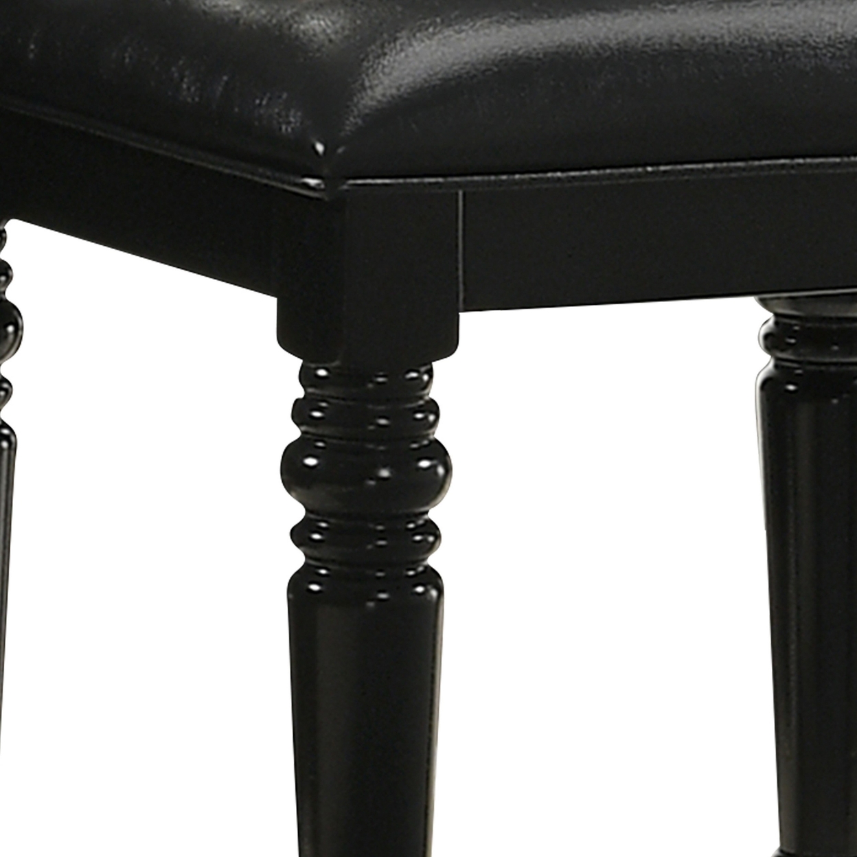 Kya 20 Inch Vanity Stool, Black Tufted Vegan Faux Leather Seat, Turned Legs- Saltoro Sherpi