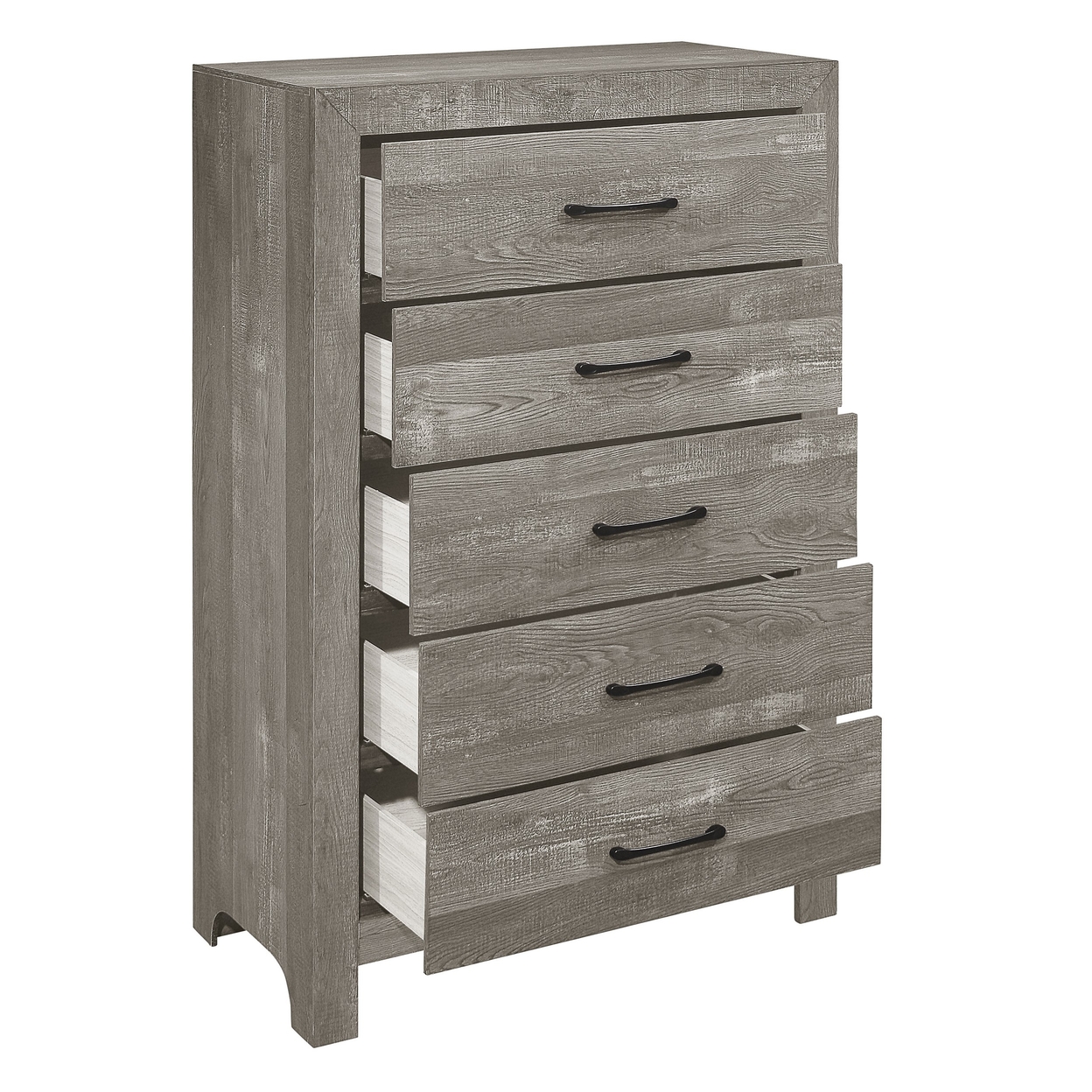 48 Inch Tall Dresser Chest, Gray Wood, Black Nickel Bar Handles, 5 Drawers- Saltoro Sherpi