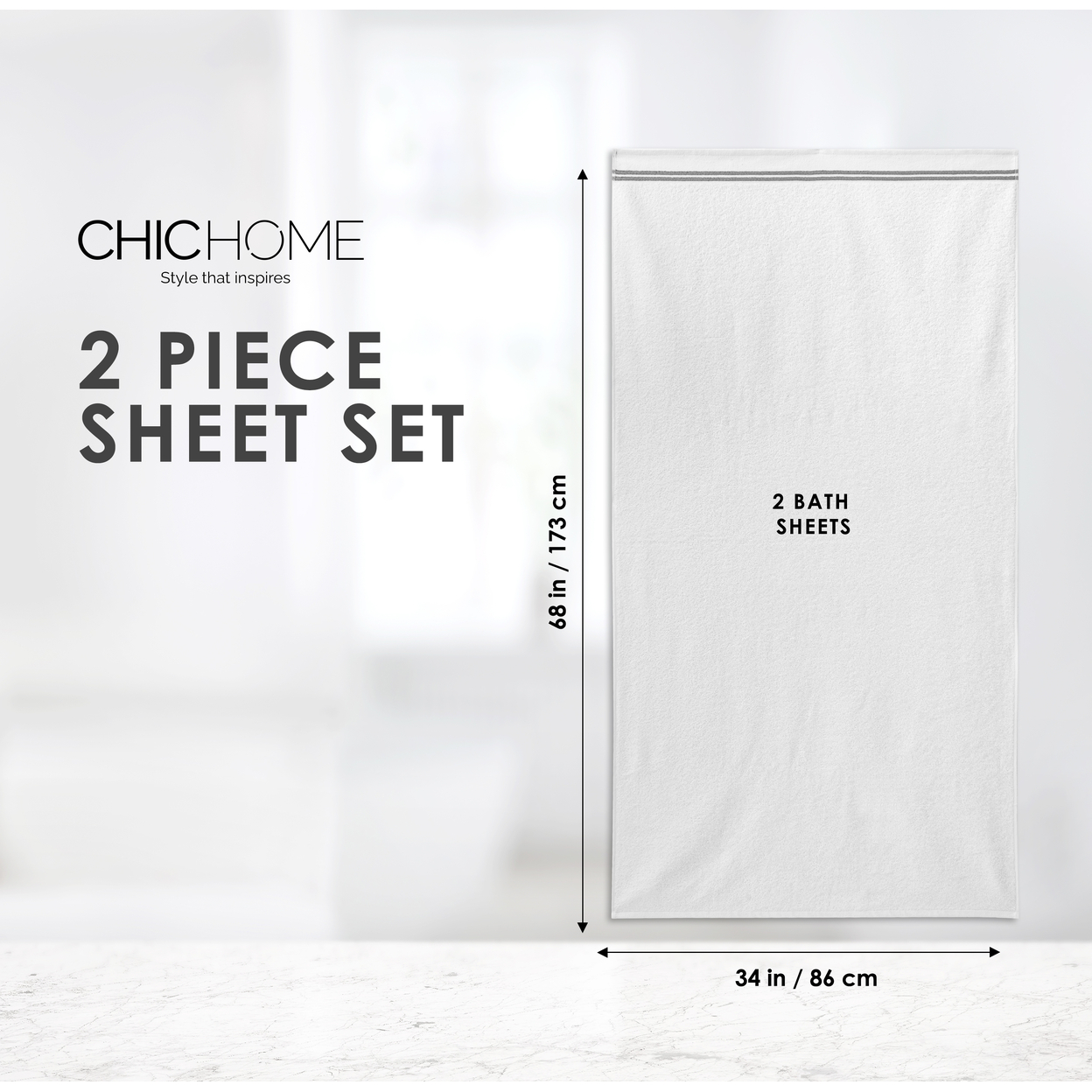 Chic Home Luxurious 2-Piece 100% Pure Turkish Cotton White Bath Sheet Towels, 34x68, Striped Hem, OEKO-TEX Certified Set - White-navy