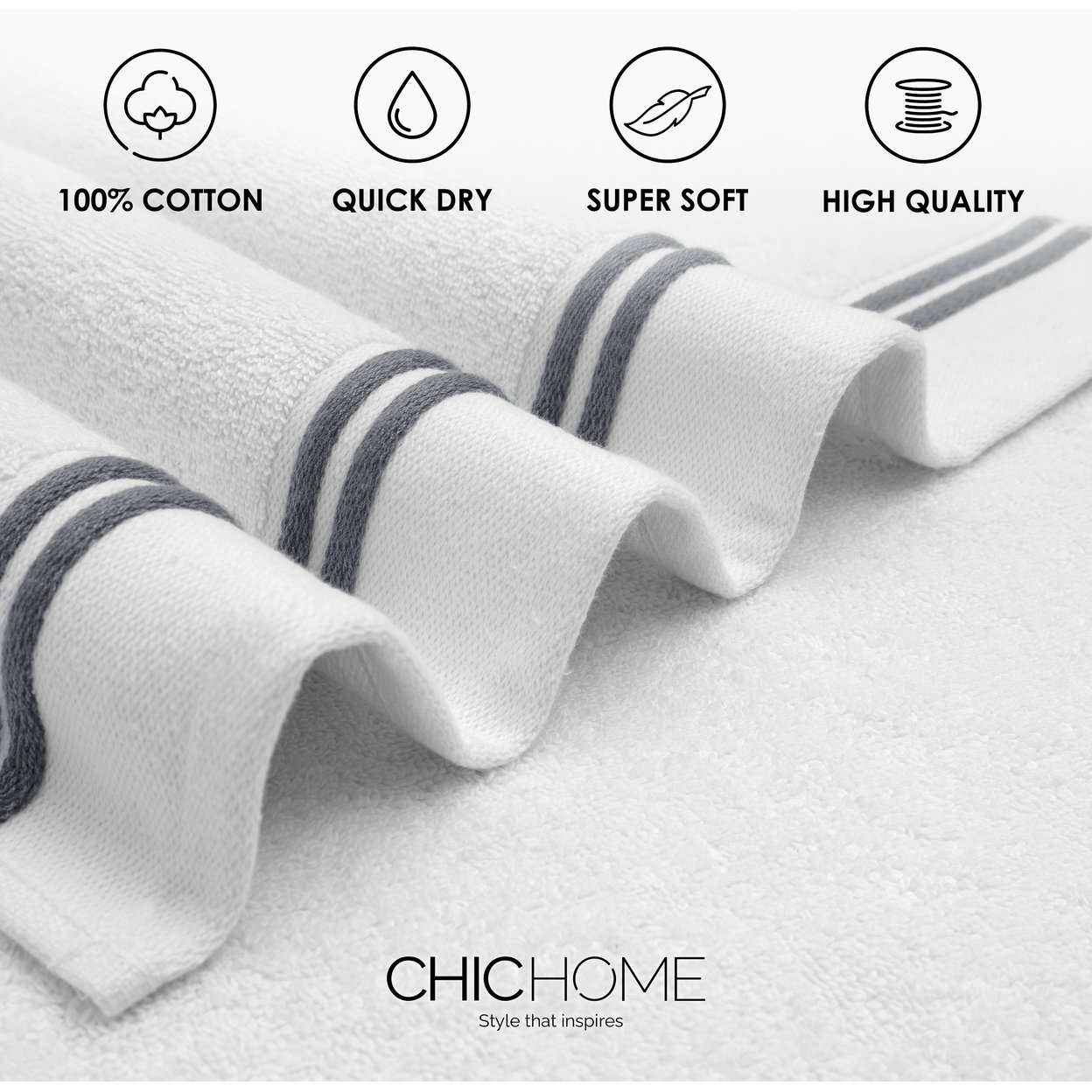Chic Home Luxurious 2-Piece 100% Pure Turkish Cotton White Bath Sheet Towels, 34x68, Striped Hem, OEKO-TEX Certified Set - White-grey