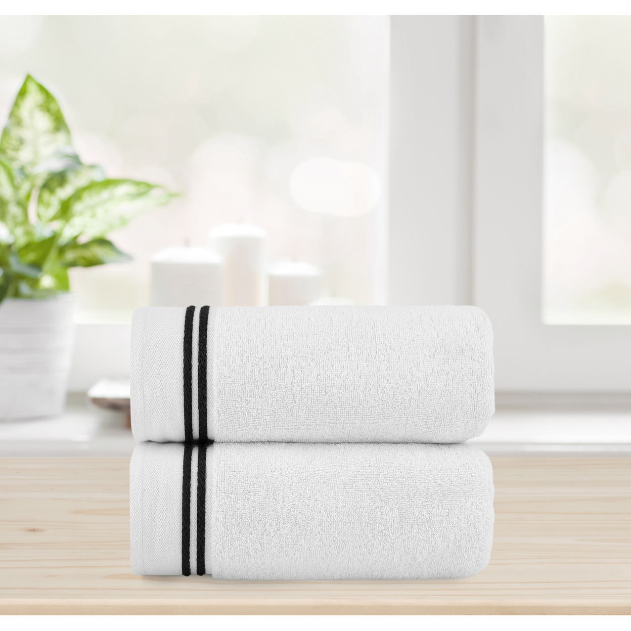 Chic Home Luxurious 2-Piece 100% Pure Turkish Cotton White Bath Sheet Towels, 34x68, Striped Hem, OEKO-TEX Certified Set - White-black
