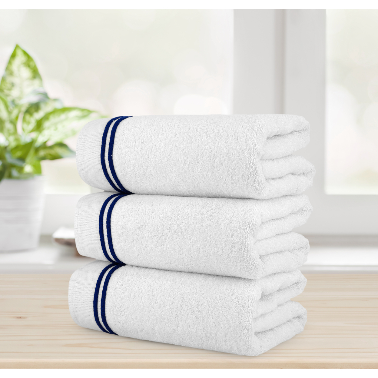 Chic Home Luxurious 3-Piece 100% Pure Turkish Cotton White Bath Towels, 30 X 60, Striped Hem, OEKO-TEX Certified Set - White-navy