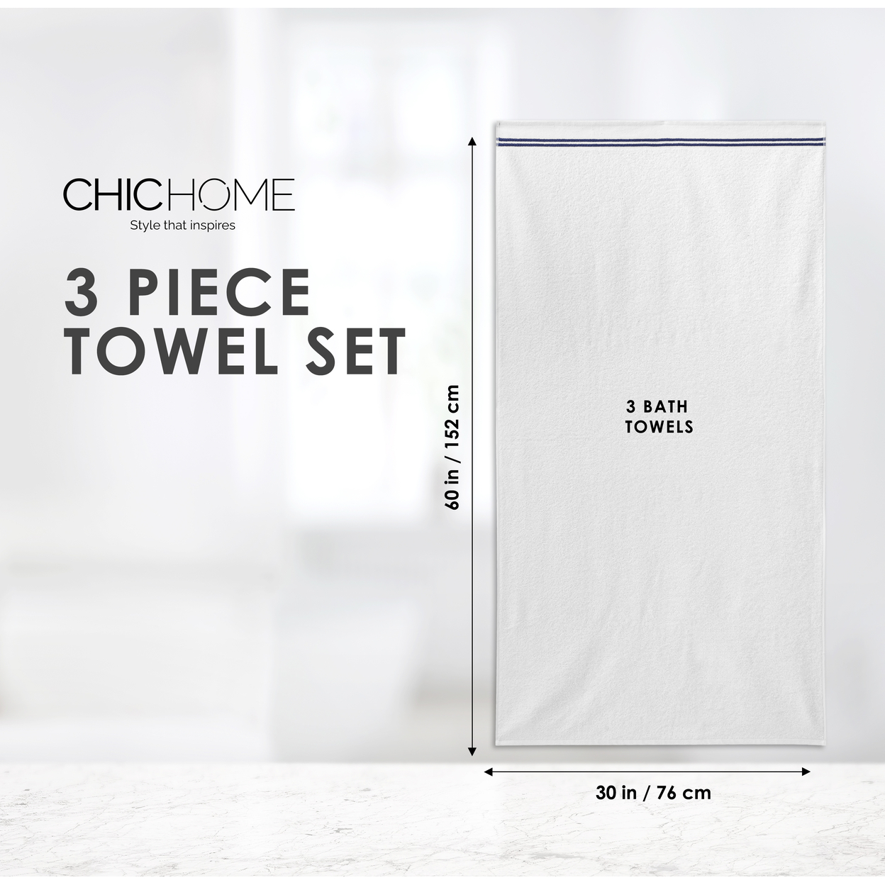 Chic Home Luxurious 3-Piece 100% Pure Turkish Cotton White Bath Towels, 30 X 60, Striped Hem, OEKO-TEX Certified Set - White-grey