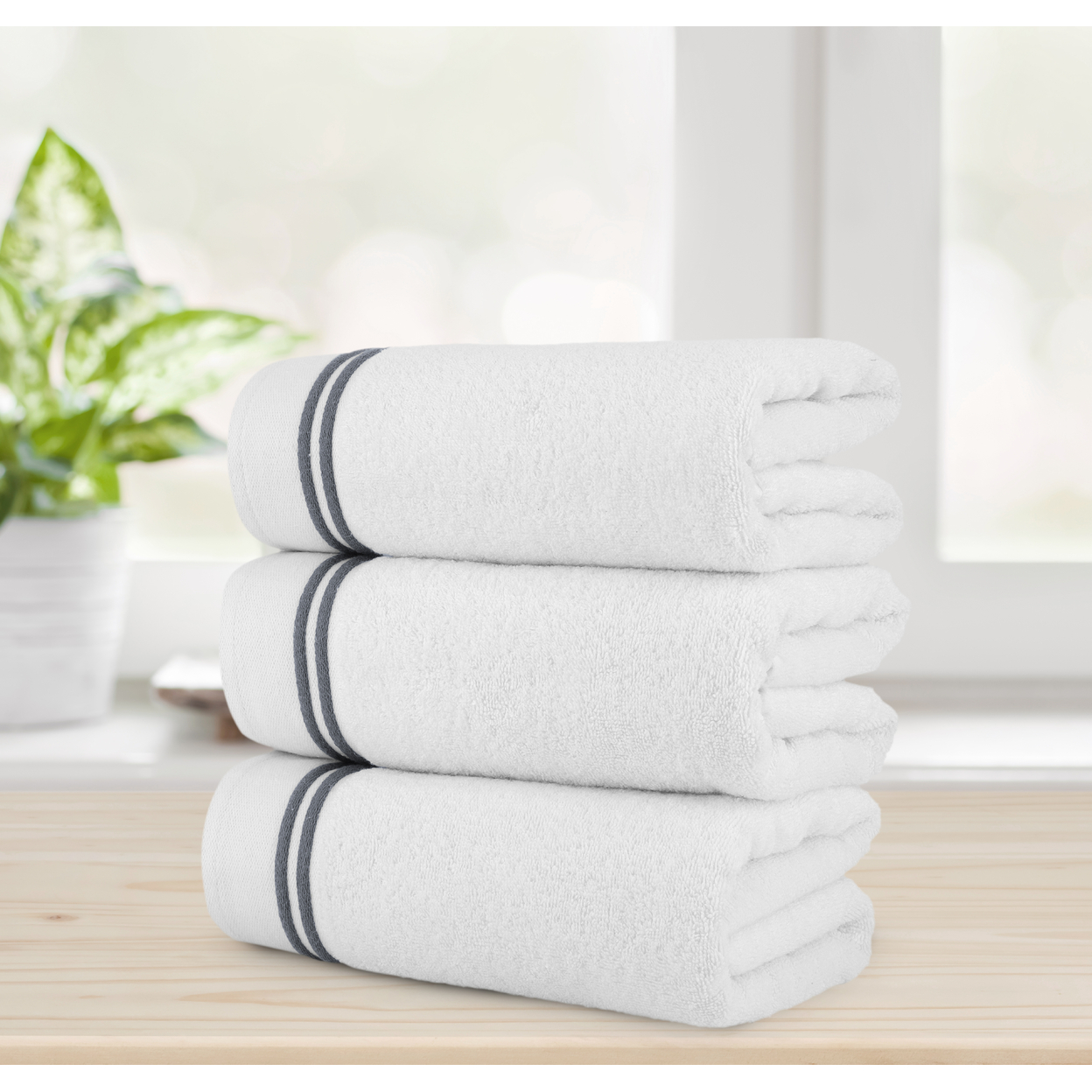 Chic Home Luxurious 3-Piece 100% Pure Turkish Cotton White Bath Towels, 30 X 60, Striped Hem, OEKO-TEX Certified Set - White-grey