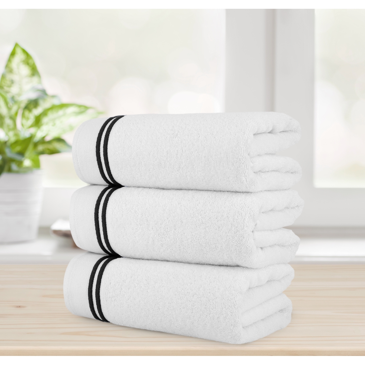 Chic Home Luxurious 3-Piece 100% Pure Turkish Cotton White Bath Towels, 30 X 60, Striped Hem, OEKO-TEX Certified Set - White-black