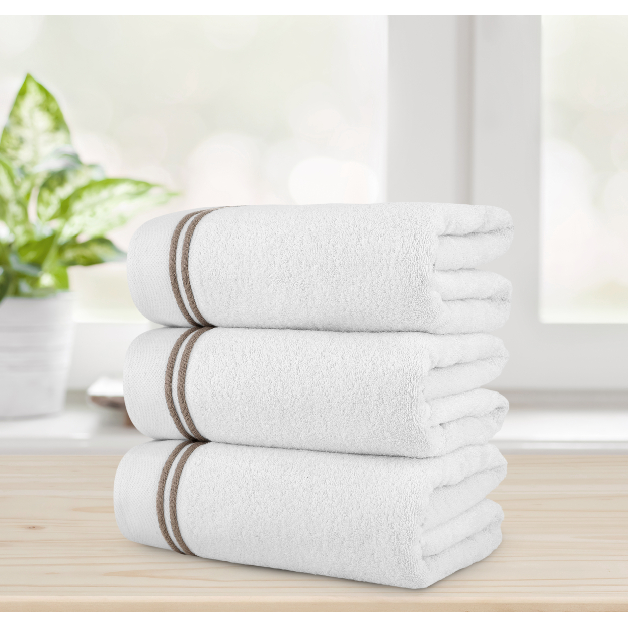 Chic Home Luxurious 3-Piece 100% Pure Turkish Cotton White Bath Towels, 30 X 60, Striped Hem, OEKO-TEX Certified Set - White-taupe