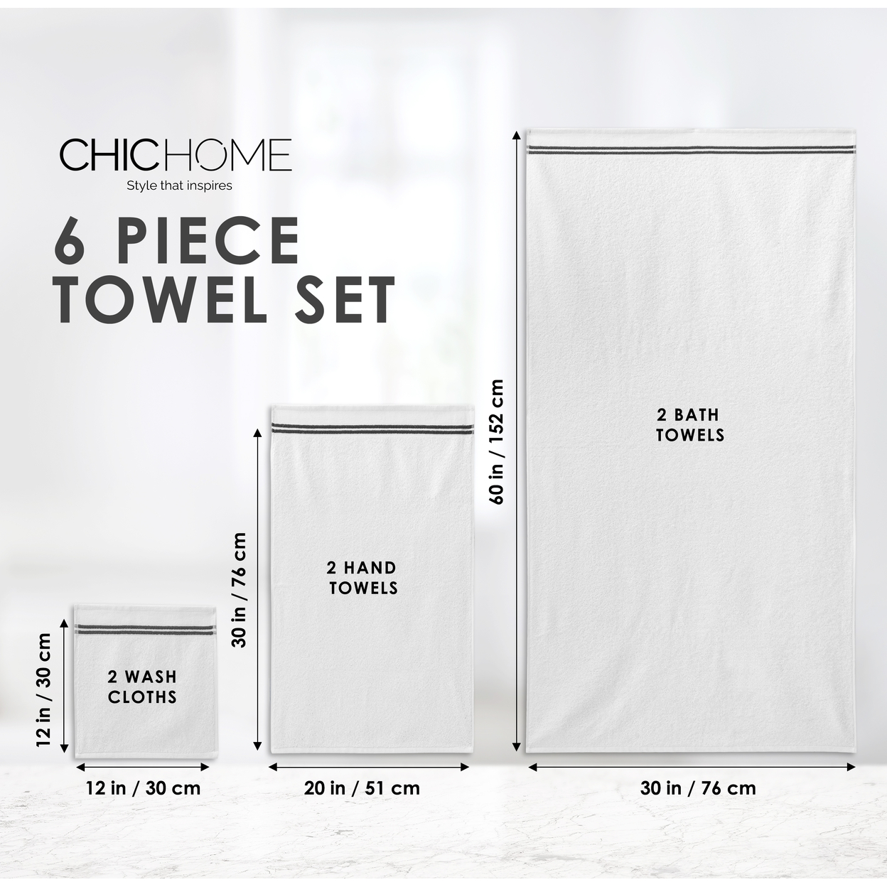 Chic Home Premium 6-Piece 100% Pure Turkish Cotton White Towel Set, Striped Hem, OEKO-TEX Standard 100 Certified - White-grey
