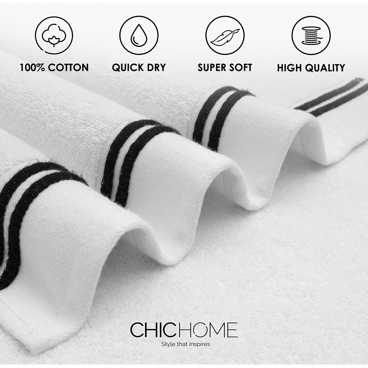 Chic Home Premium 6-Piece 100% Pure Turkish Cotton White Towel Set, Striped Hem, OEKO-TEX Standard 100 Certified - White-black