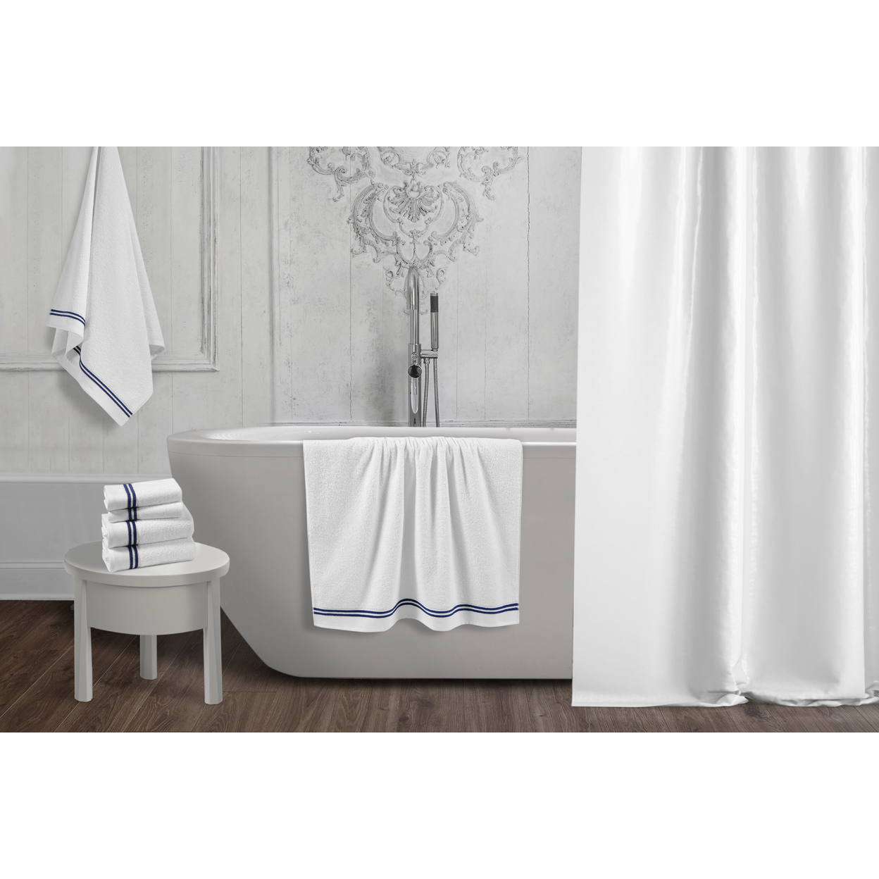 Chic Home Premium 6-Piece 100% Pure Turkish Cotton White Towel Set, Striped Hem, OEKO-TEX Standard 100 Certified - White-navy