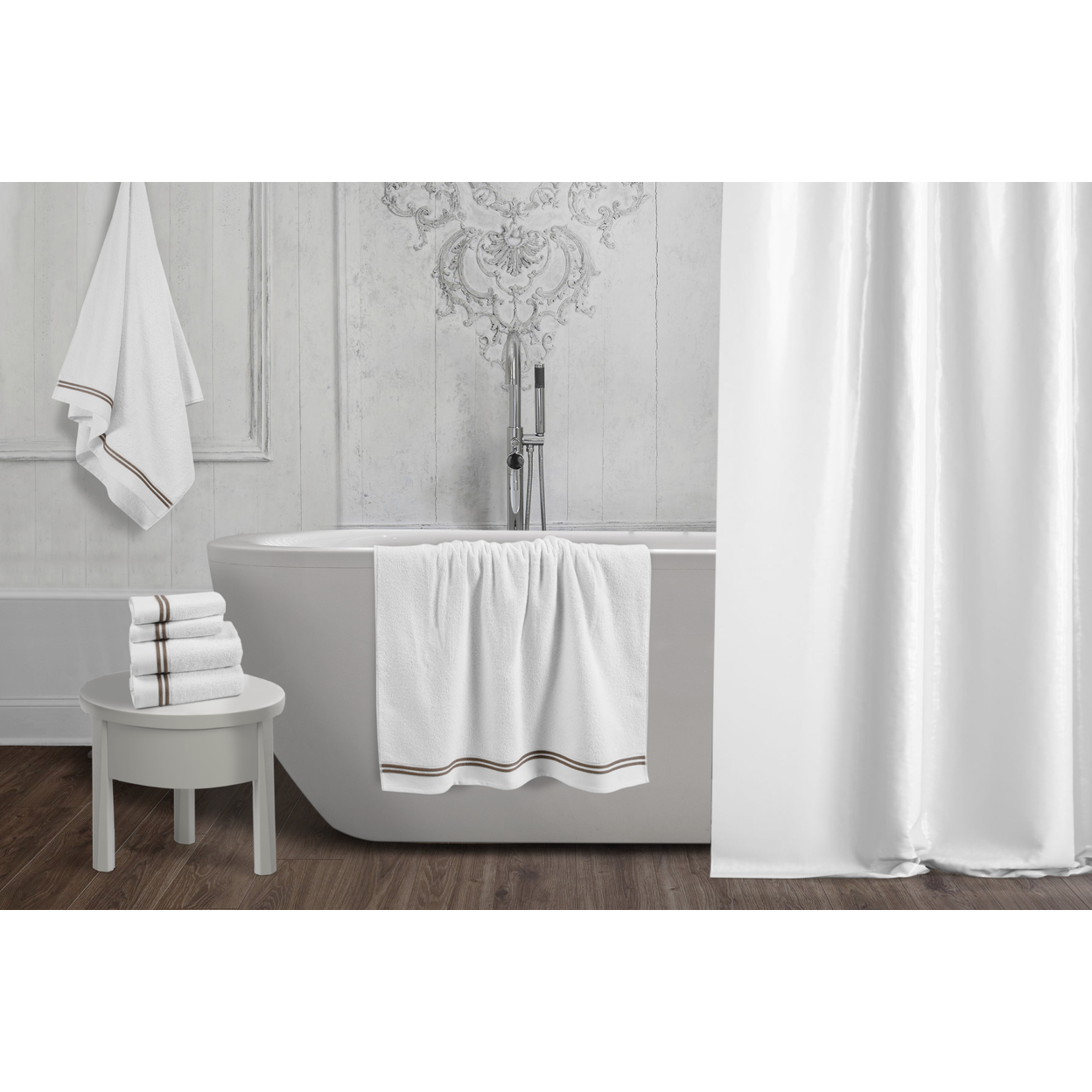 Chic Home Premium 6-Piece 100% Pure Turkish Cotton White Towel Set, Striped Hem, OEKO-TEX Standard 100 Certified - White-taupe