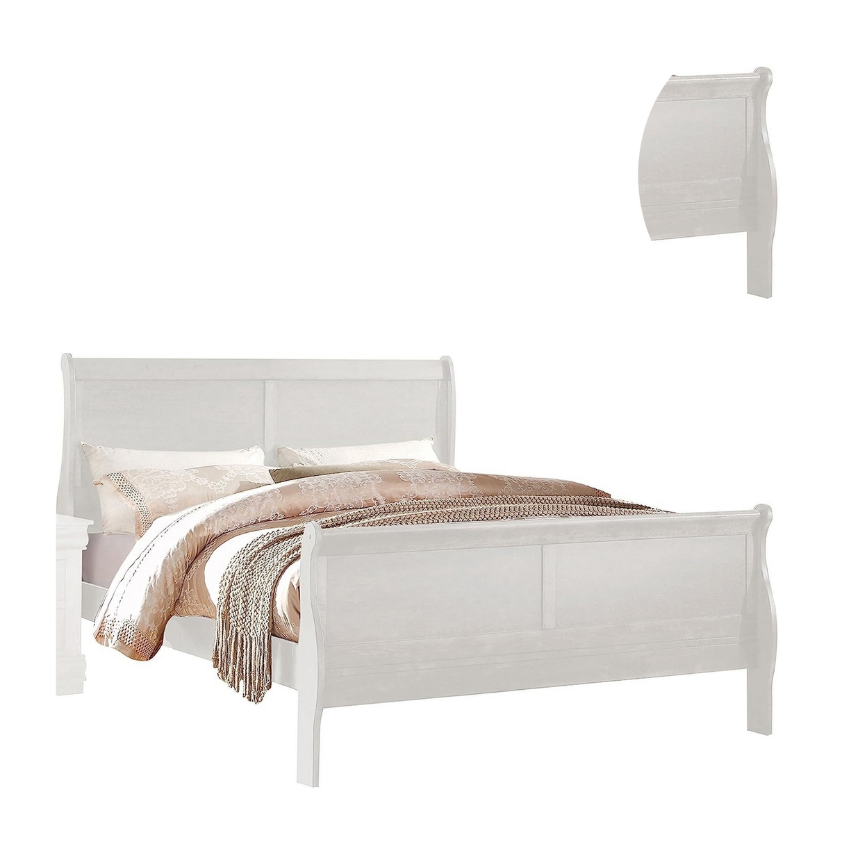 Nin King Size Sleigh Bed, Minimalist Style Headboard, Classic White Wood- Saltoro Sherpi