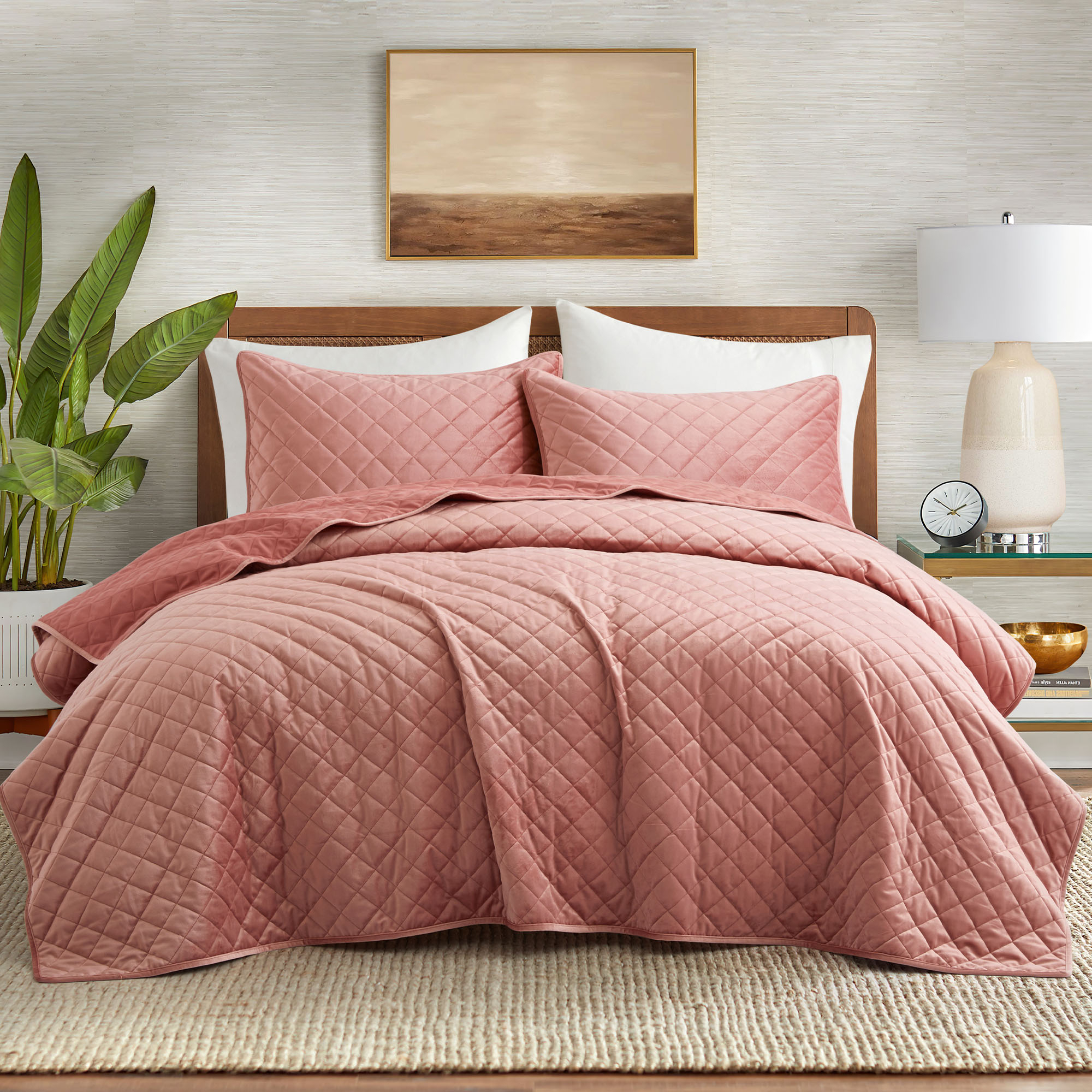 2 OR 3 Pieces Luxurious Reversible Velvet Coverlet Set With Shams - Pink, Twin