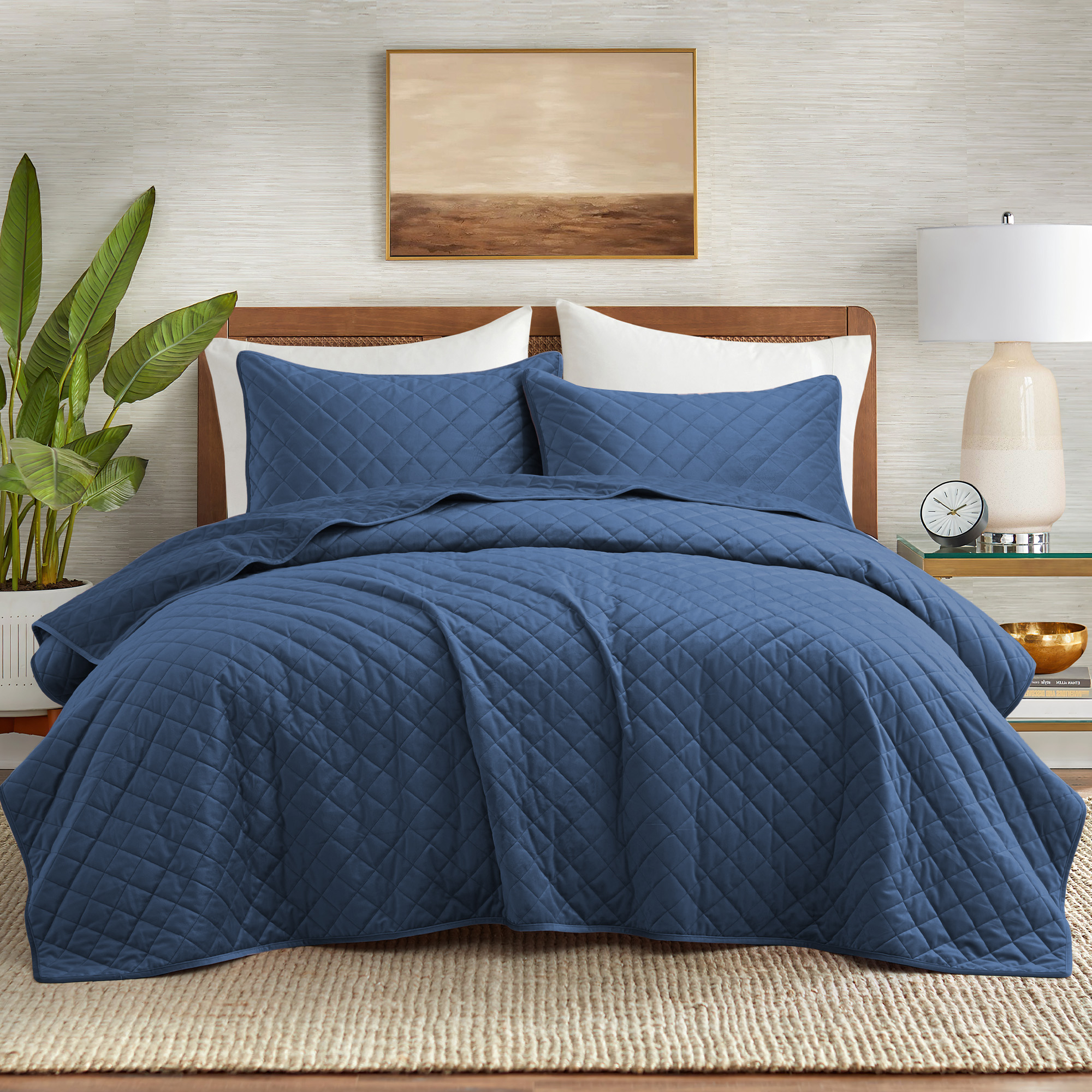 2 OR 3 Pieces Luxurious Reversible Velvet Coverlet Set With Shams - Navy, Twin