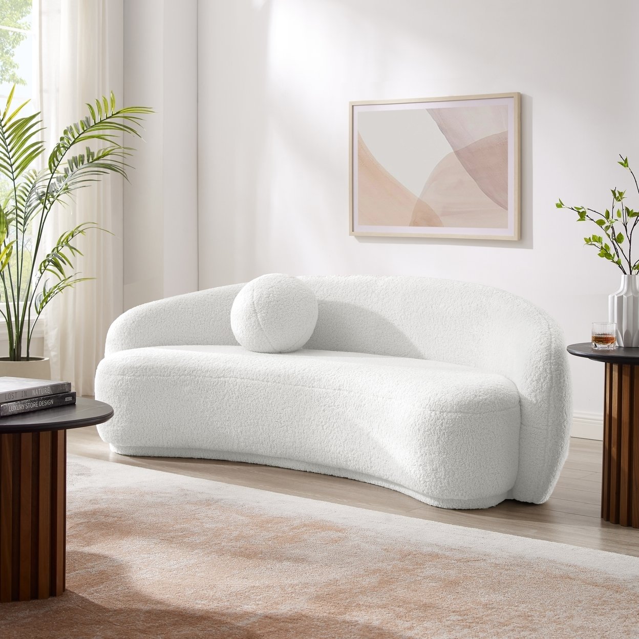 Coralyn Sofa - Upholstered, Rounded Design With Sloped Sweeping Arms,cloud-like Look, Accent Pillow Ball - White