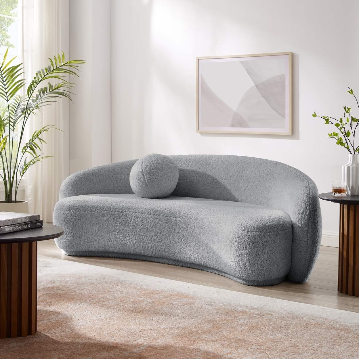 Coralyn Sofa - Upholstered, Rounded Design With Sloped Sweeping Arms,cloud-like Look, Accent Pillow Ball - Grey