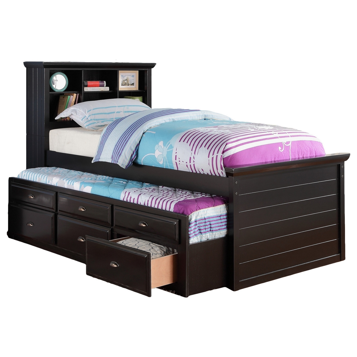 Toni Twin Size Trundle Bed With 6 Drawers, Bookcase Headboard, Black Wood- Saltoro Sherpi