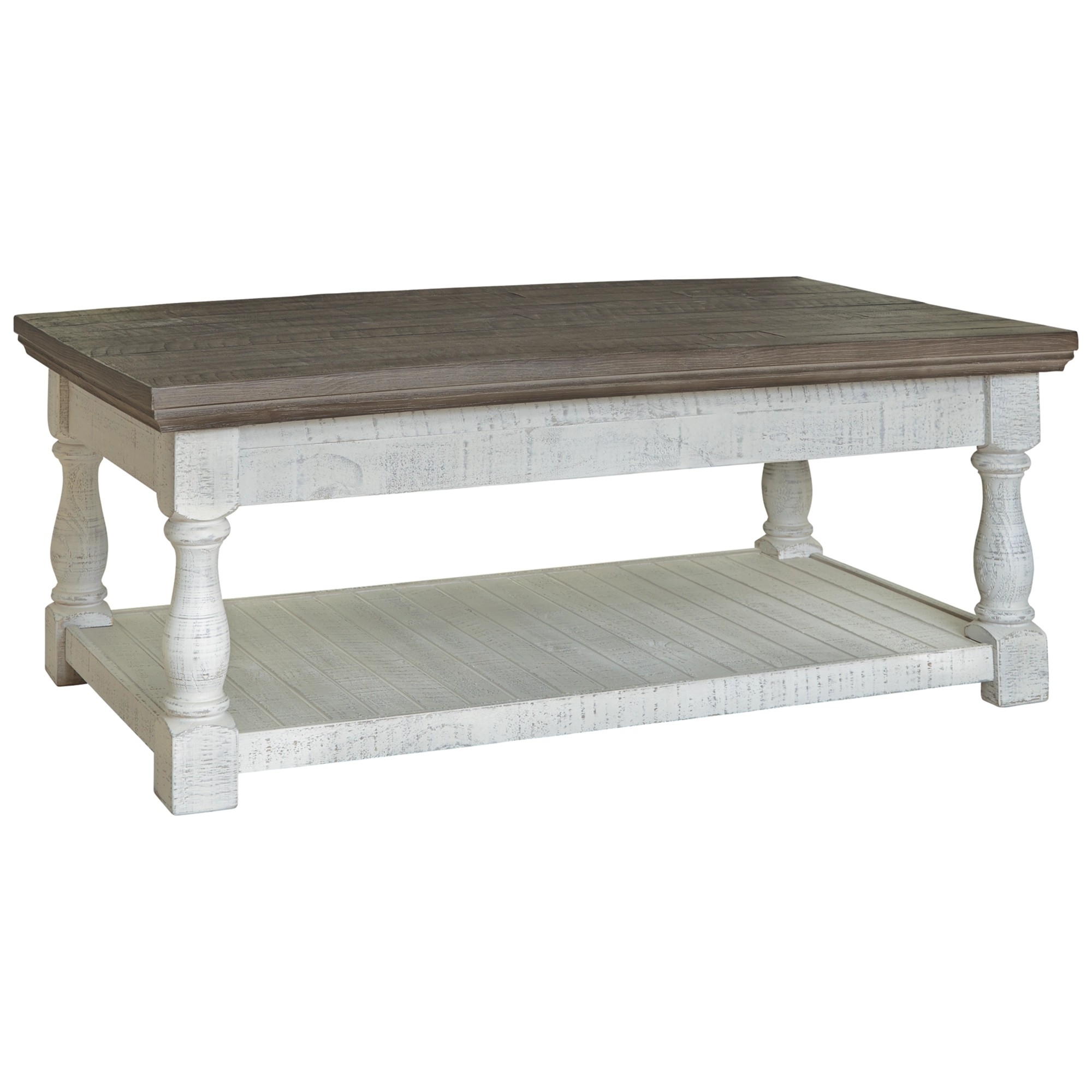 Plank Style Wood Coffee Table, Spring Lift Top, Vintage White, Weathered Gray- Saltoro Sherpi