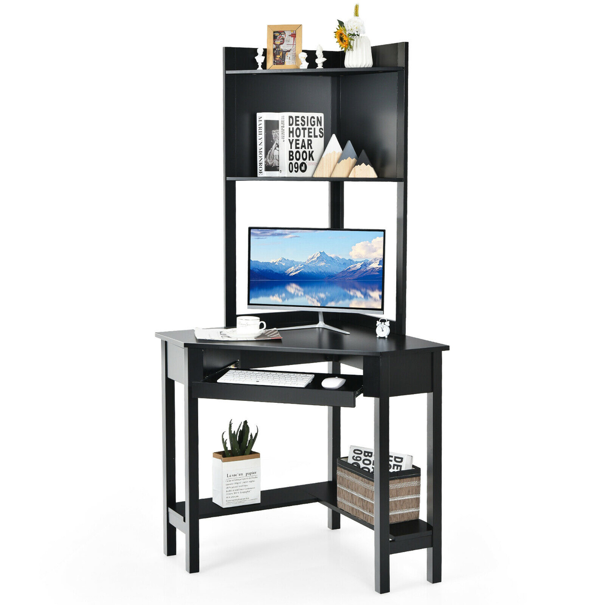 Corner Computer Desk Triangle Study Desk W/ Hutch & Keyboard Tray - Black