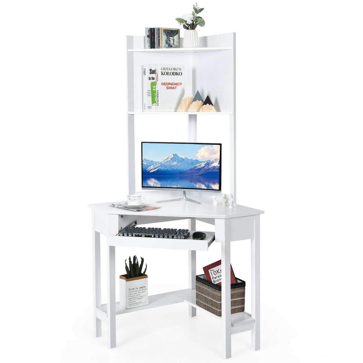 Corner Computer Desk Triangle Study Desk W/ Hutch & Keyboard Tray - White
