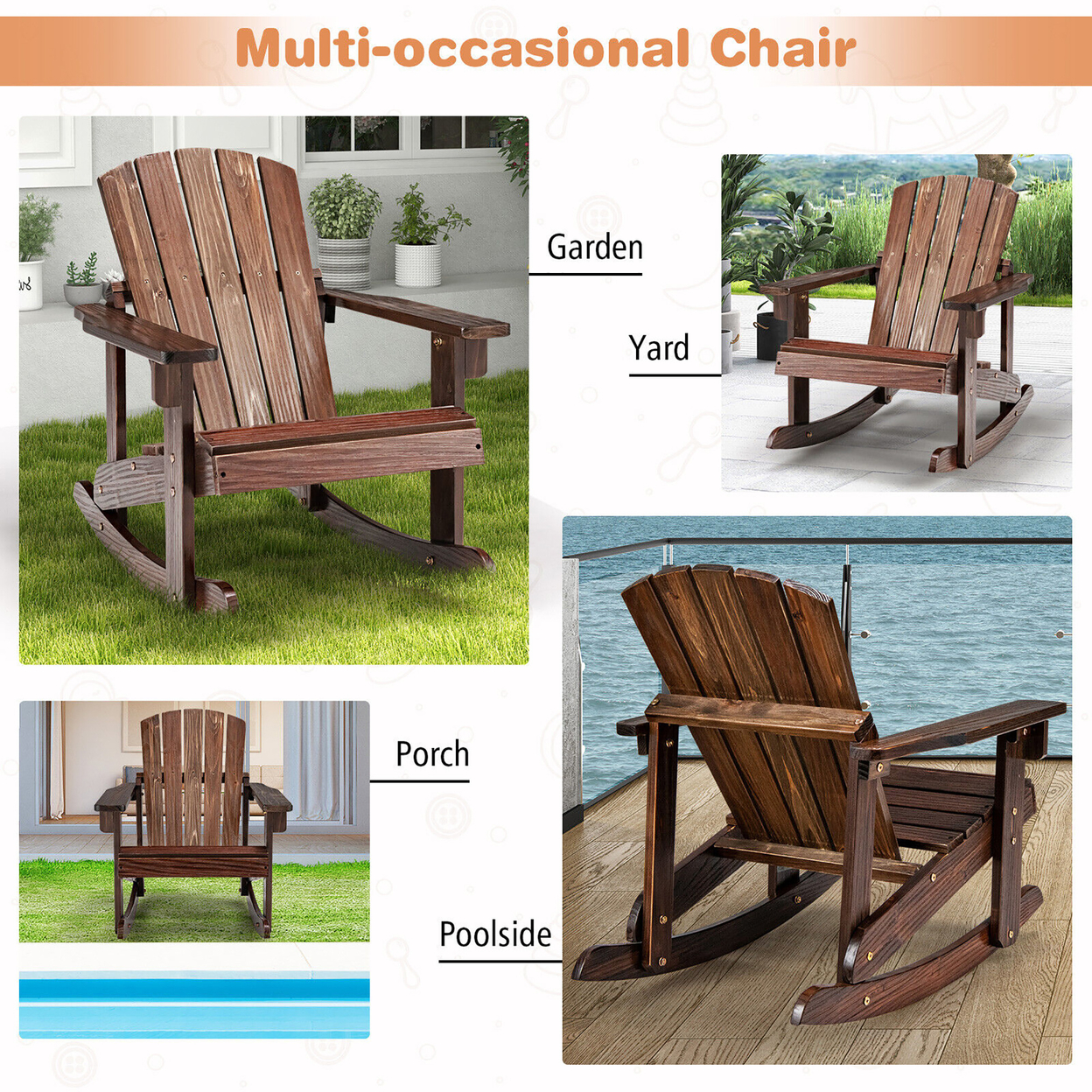 4PCS Kid Adirondack Rocking Chair Outdoor Solid Wood Slatted Seat Backrest - White