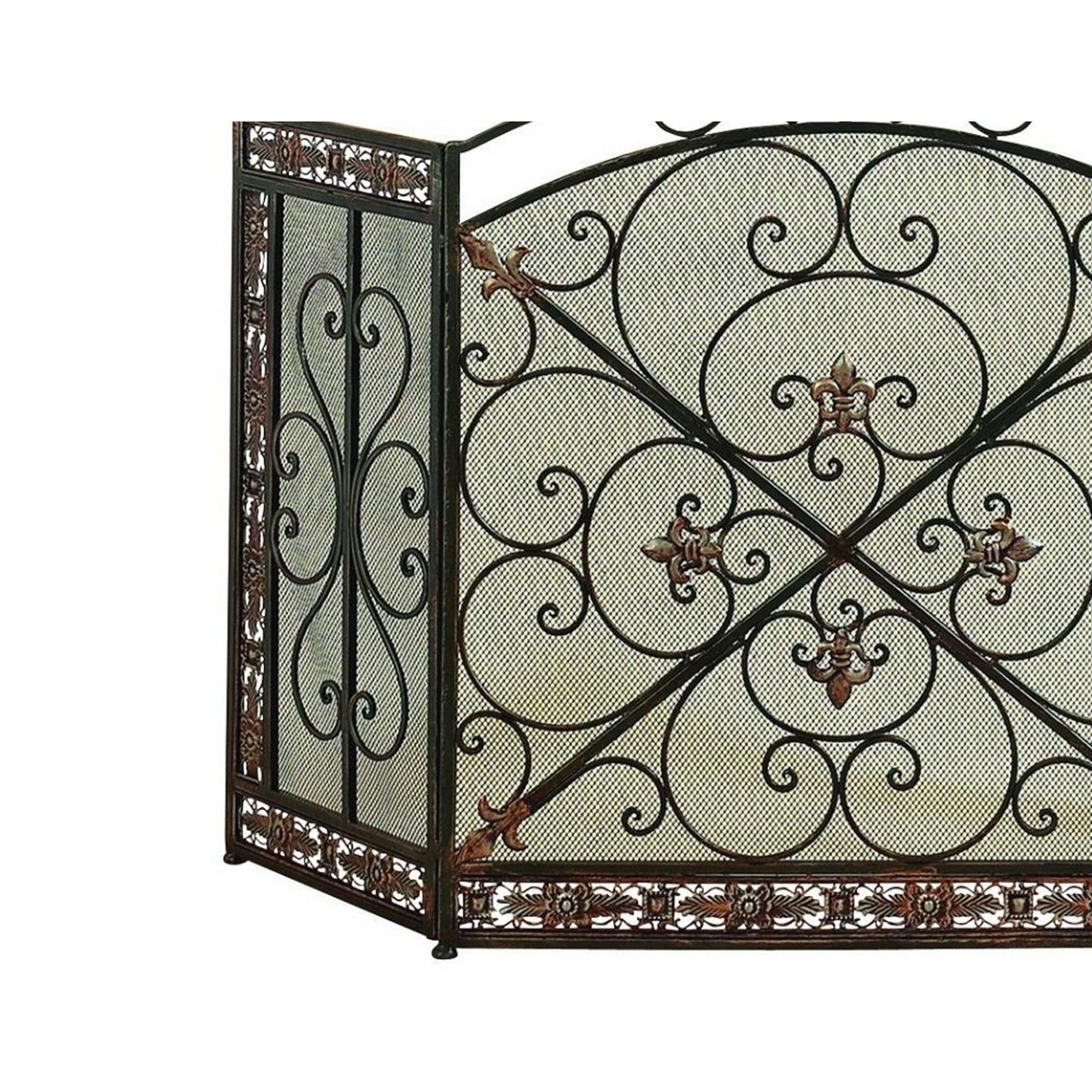 Traditional 3 Panel Metal Fire Screen With Filigree Design, Bronze, Black- Saltoro Sherpi