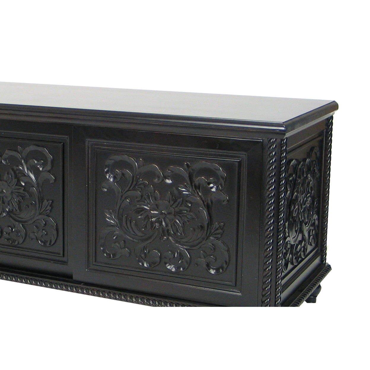 Hand Carved TV Console With Floral Motifs And 3 Sliding Doors, Black- Saltoro Sherpi