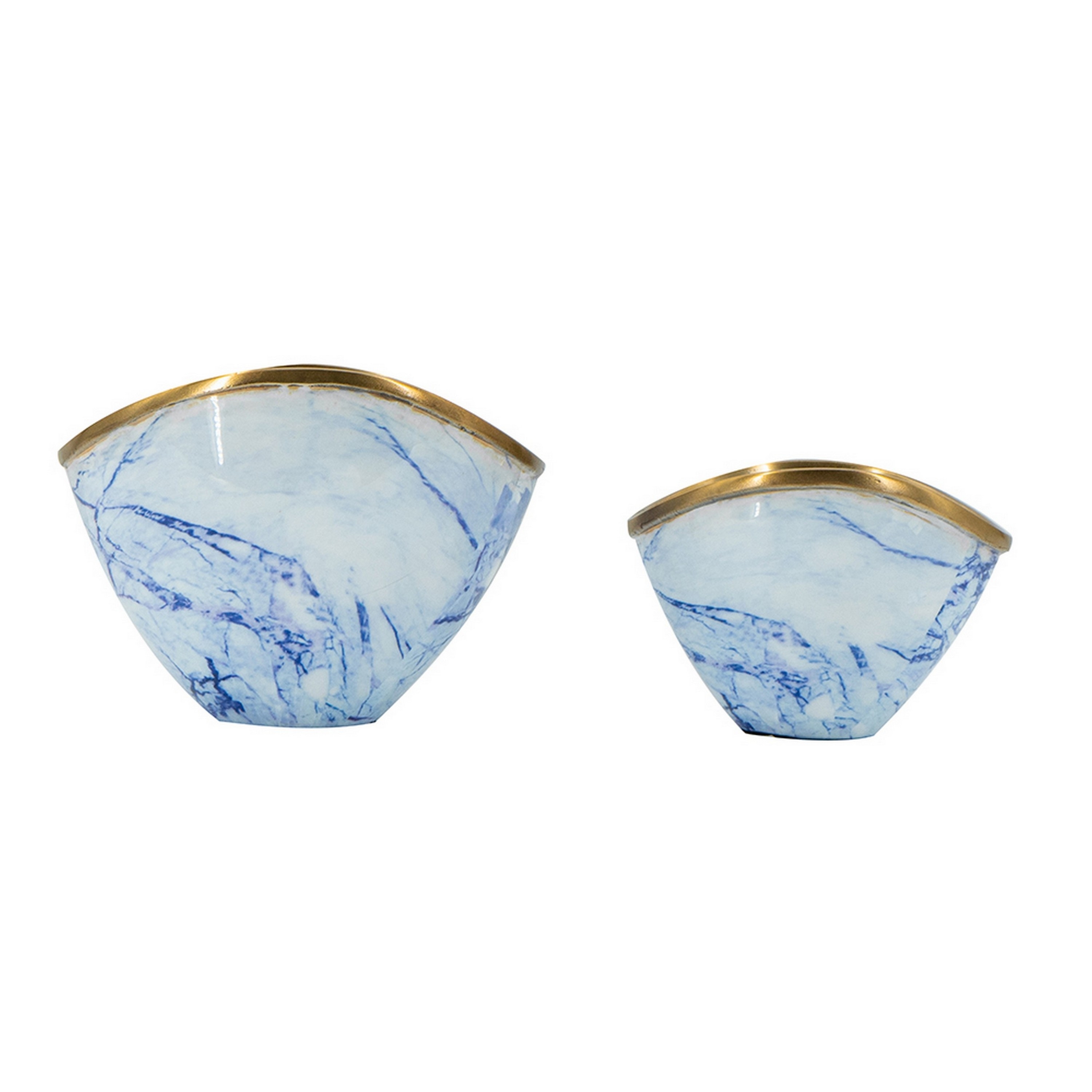 Sinzo Set Of 2 Curved Bowls, Gold Aluminum, Textured Design, Blue, White- Saltoro Sherpi