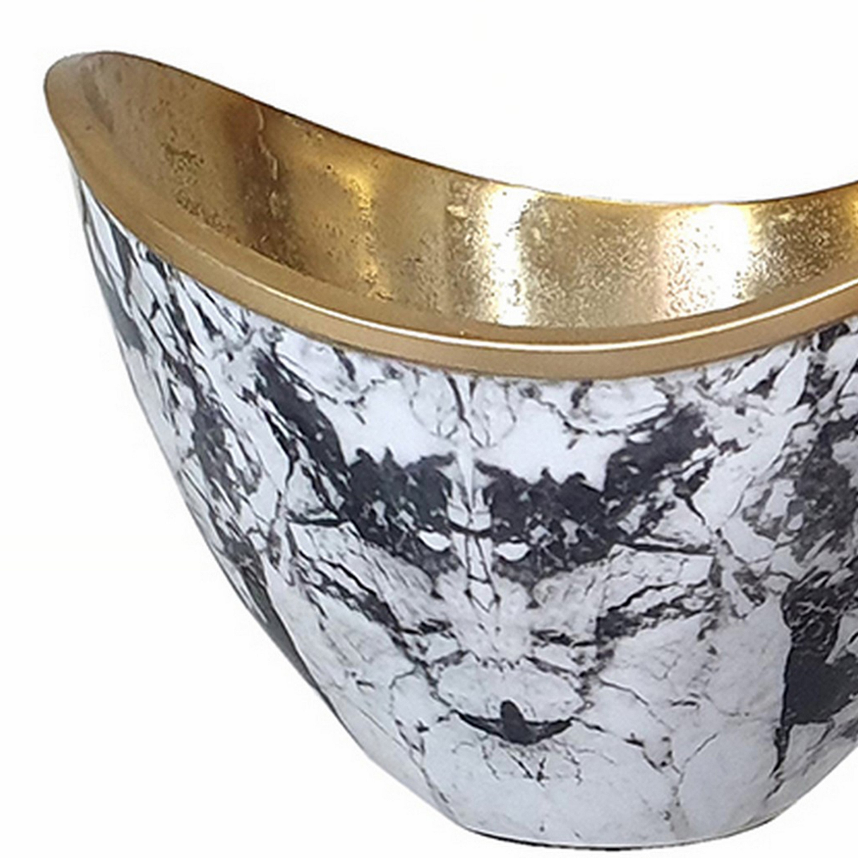 Sinzo Set Of 2 Curved Bowls, Gold Aluminum, Textured Design, Black, White- Saltoro Sherpi
