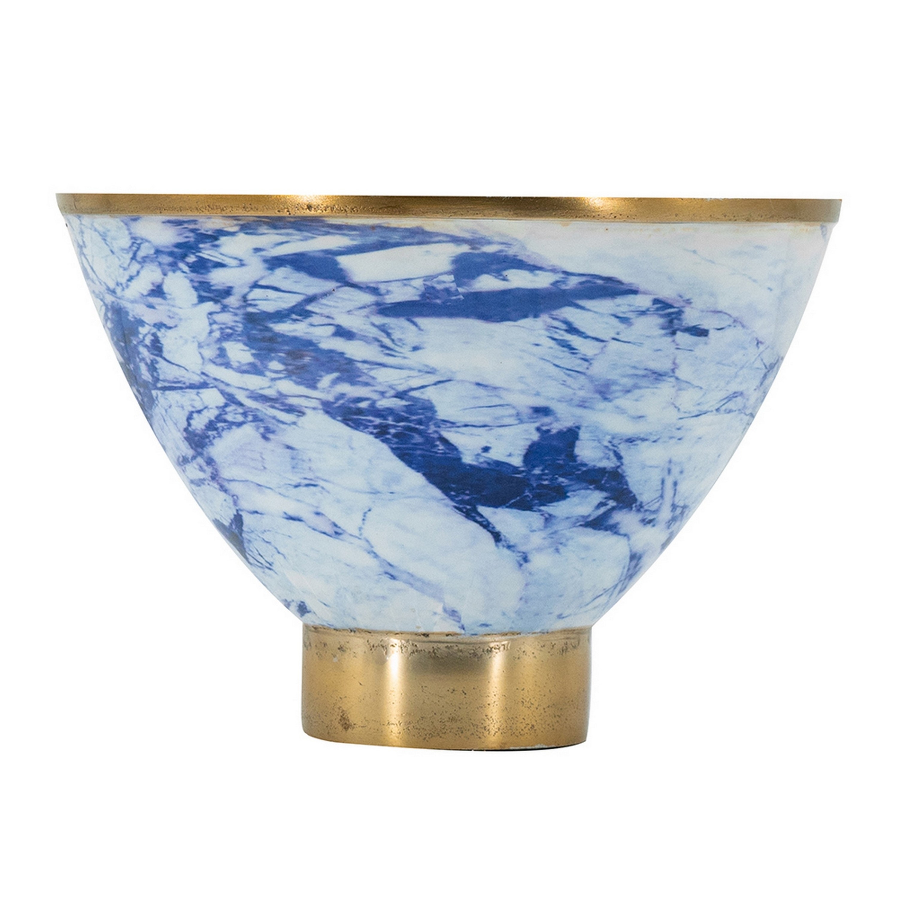 10 Inch Decorative Bowl, Brushed Gold, Marble Inspired Blue, Aluminum- Saltoro Sherpi