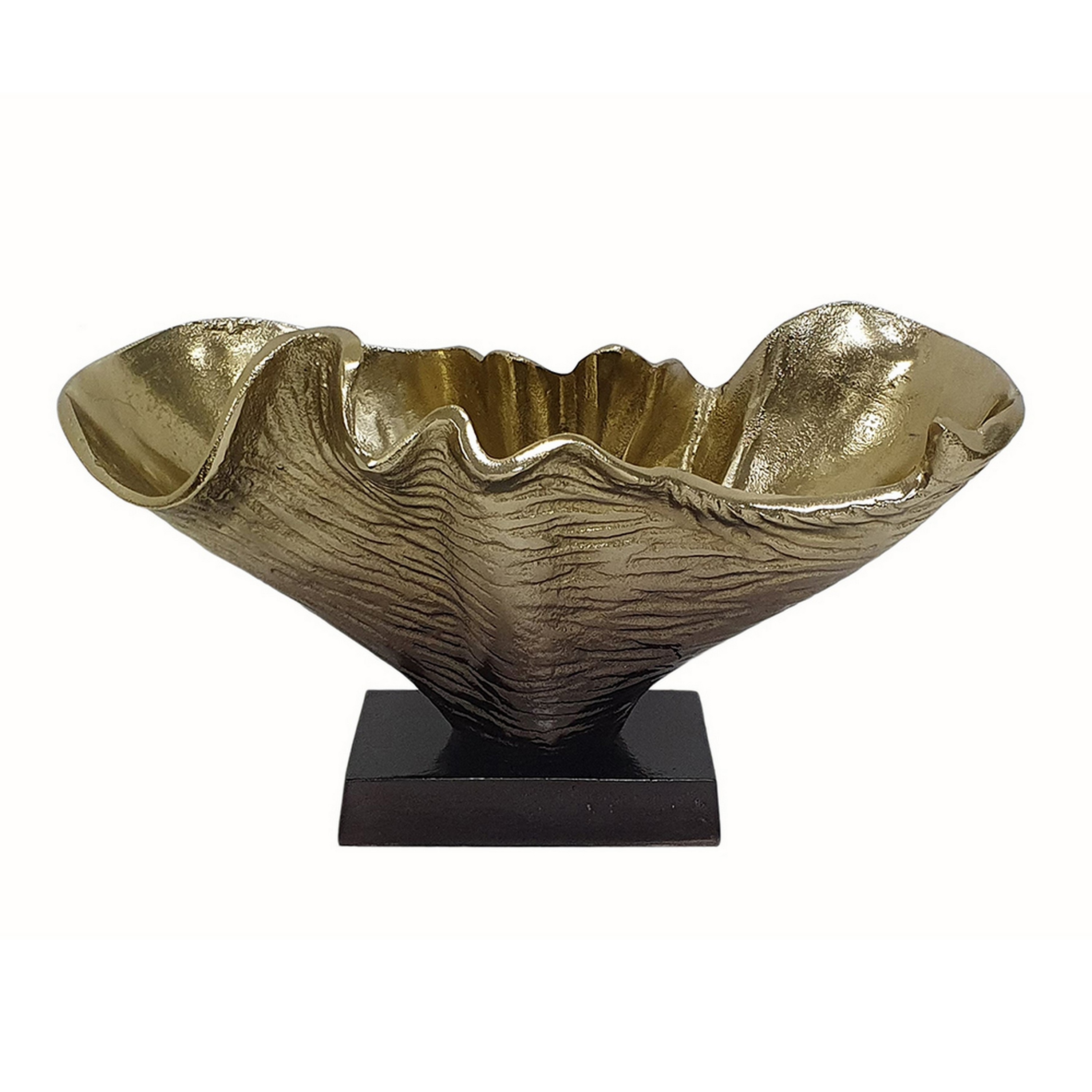 15 Inch Curved Shell Decorative Bowl, Aluminum, Square Base, Gold And Black- Saltoro Sherpi