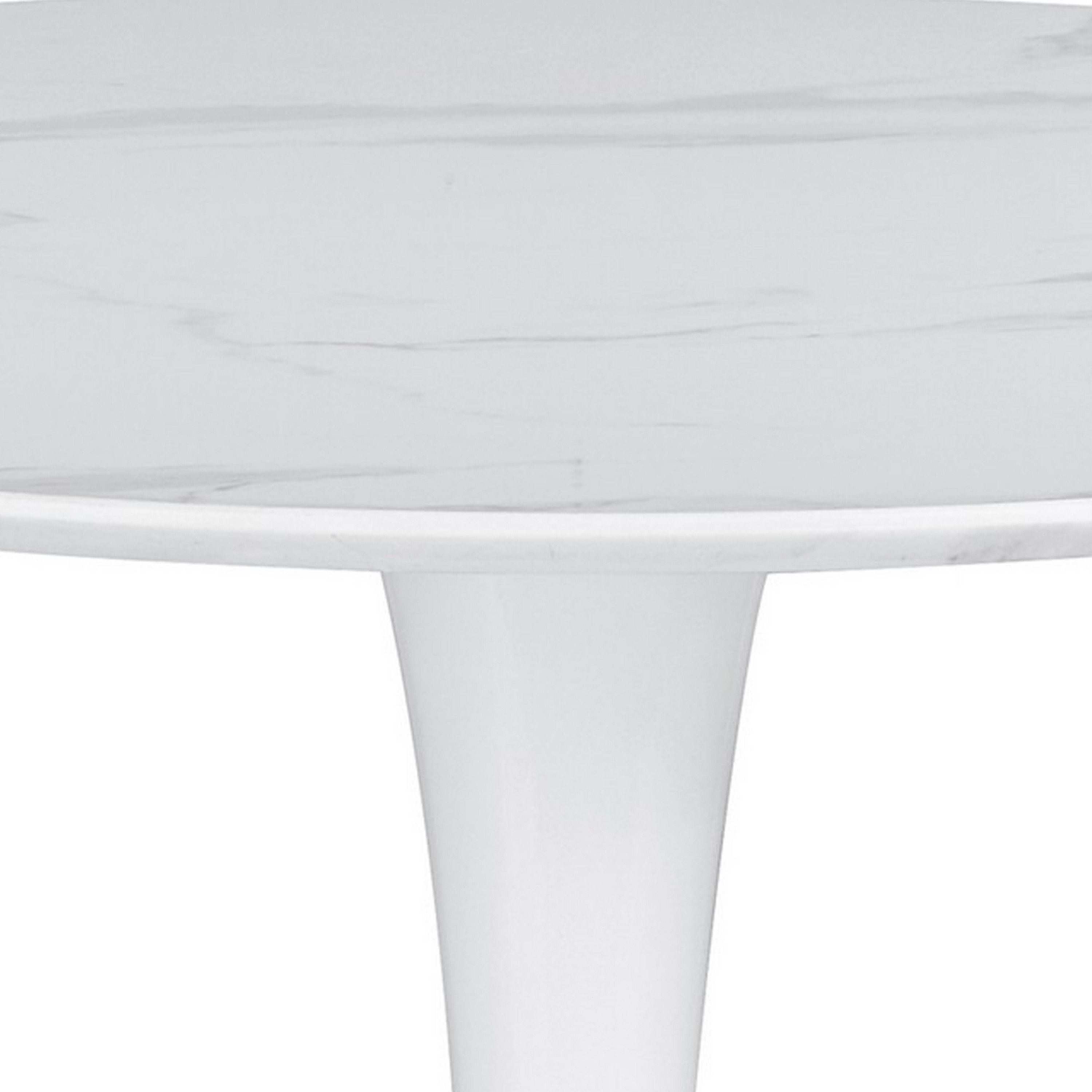 Loxi 30 Inch Round Dining Table, White Faux Marble Top, Tulip Accent Body- Saltoro Sherpi